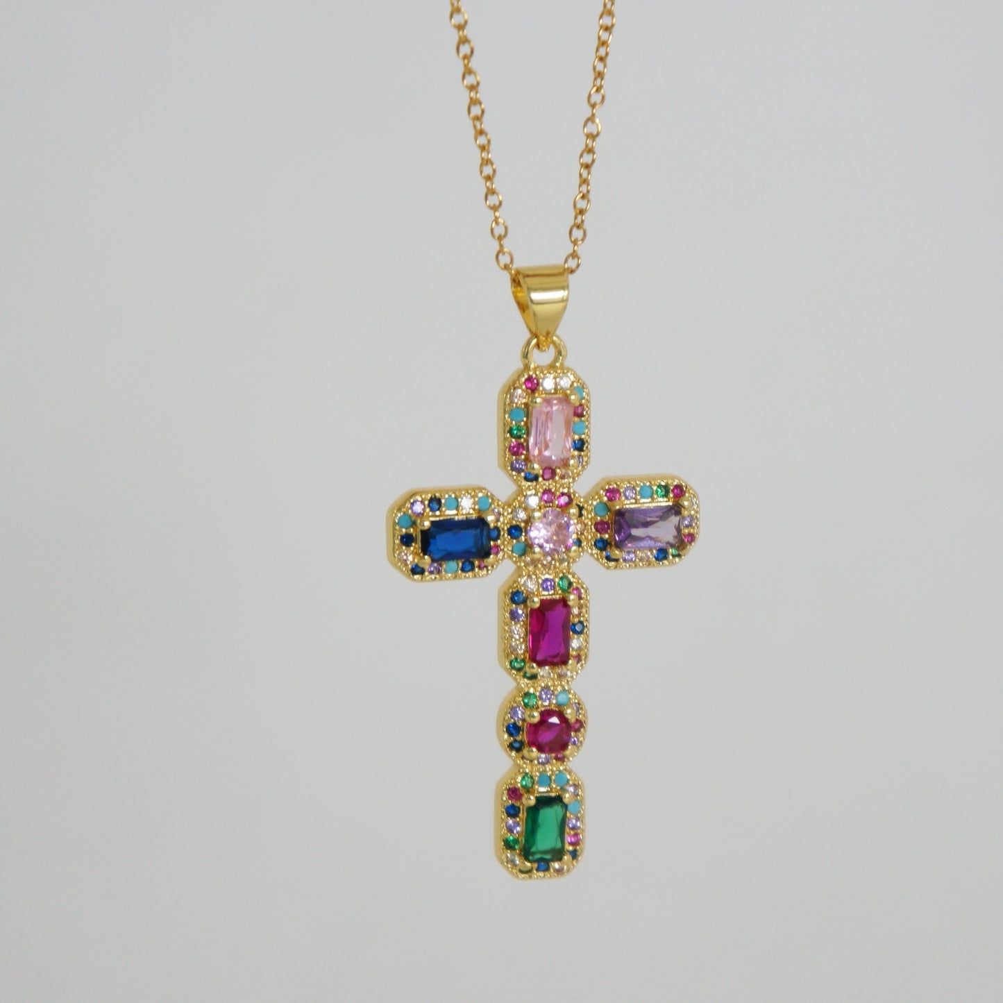 Large Gold Cross, Colorful Multi Crystals