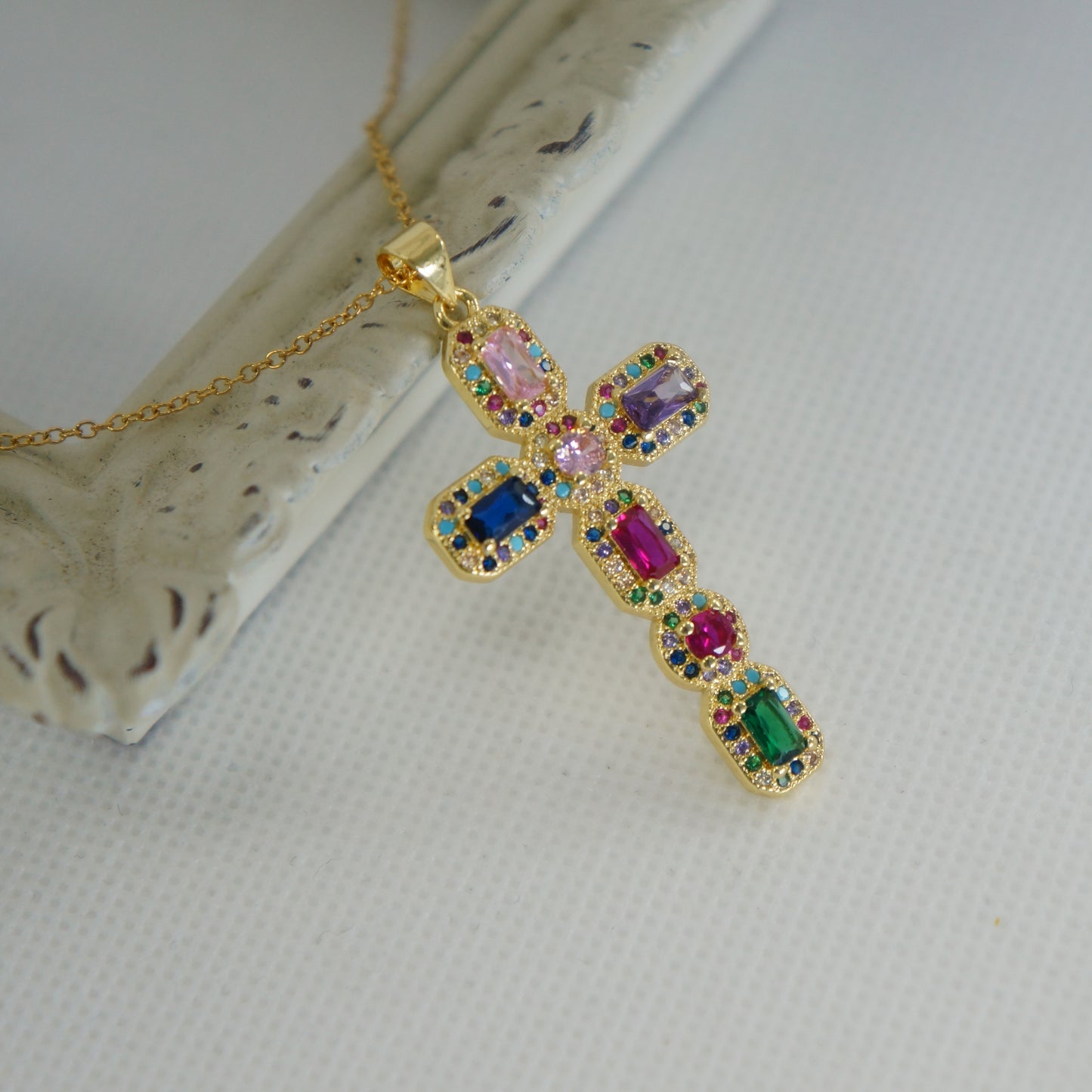 Large Gold Cross, Colorful Multi Crystals