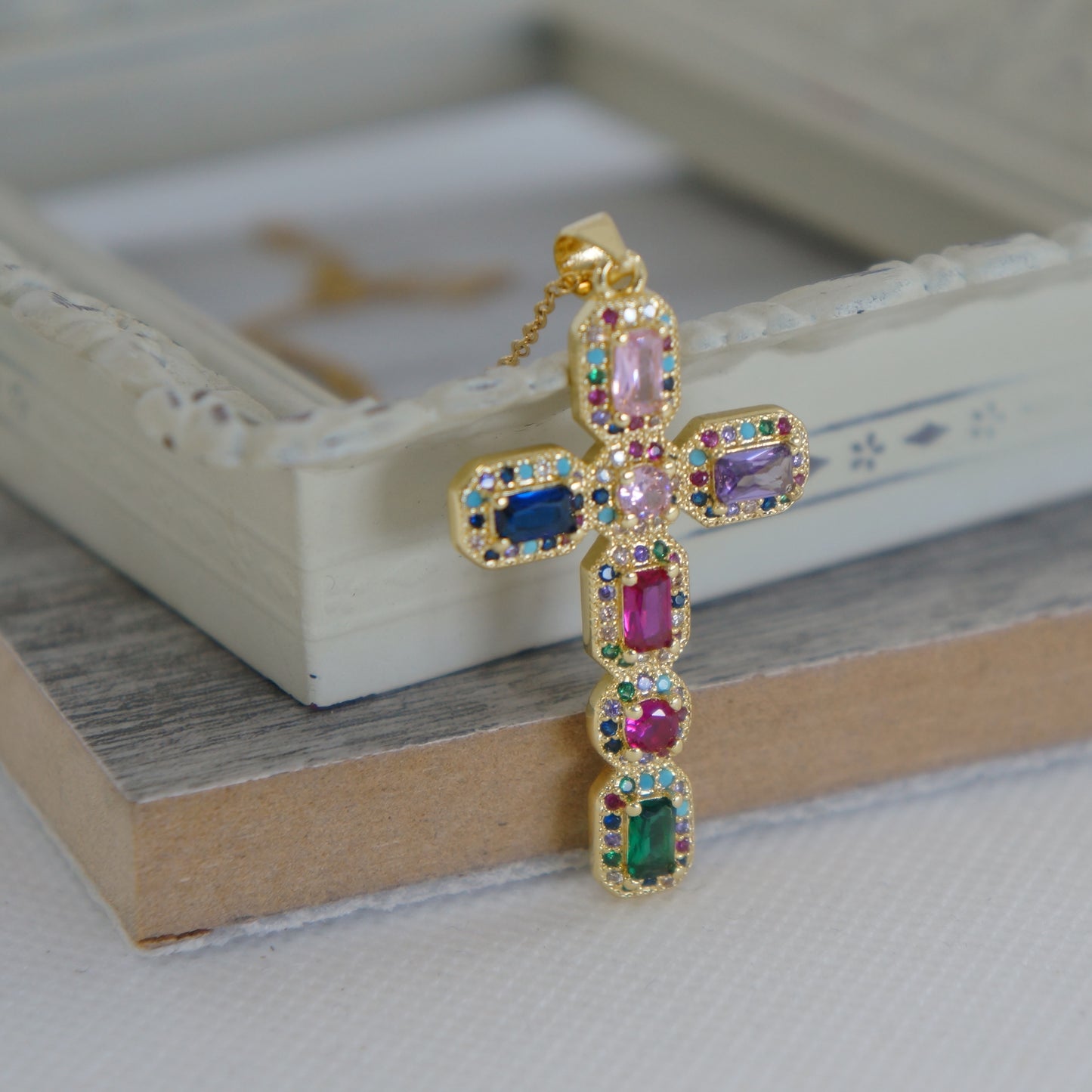 Large Gold Cross, Colorful Multi Crystals