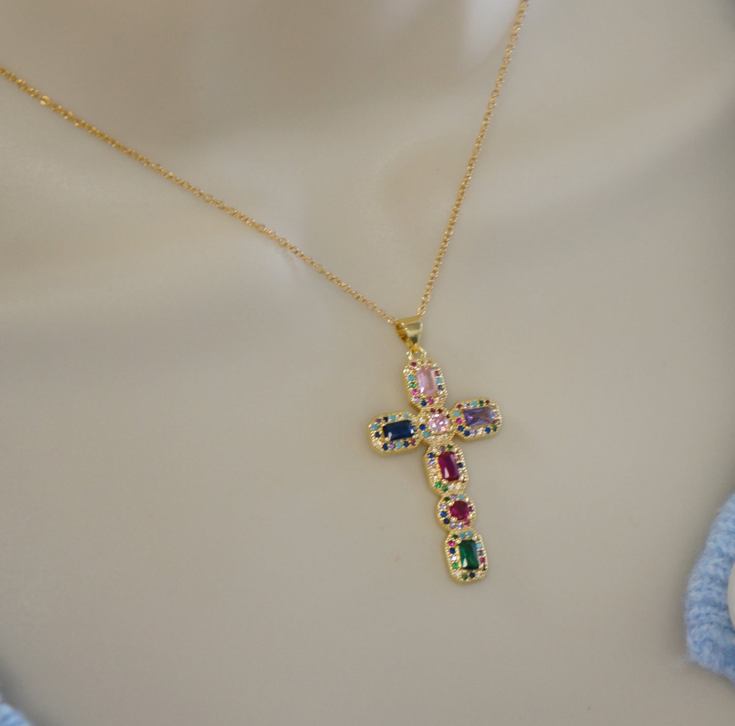 Large Gold Cross, Colorful Multi Crystals