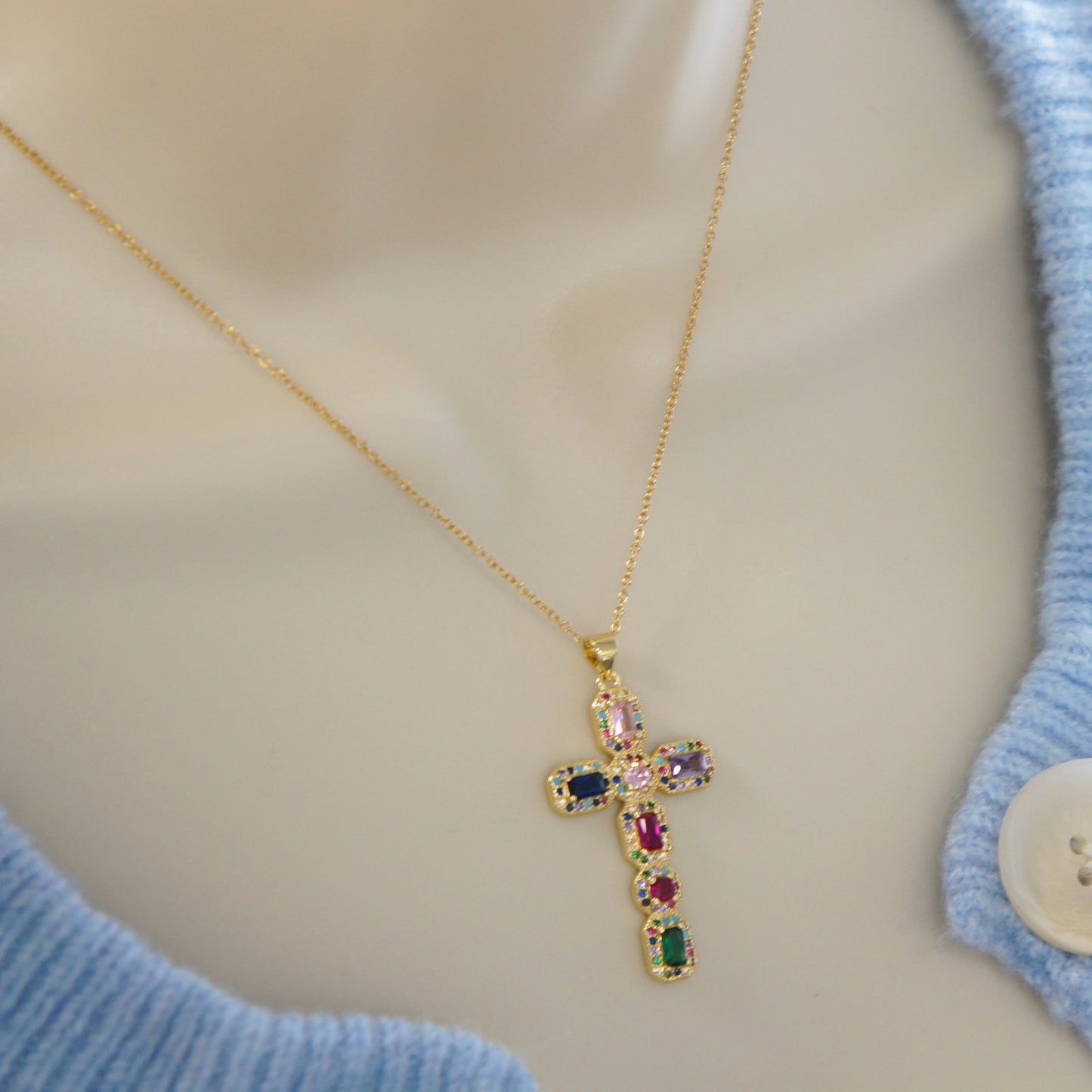 Large Gold Cross, Colorful Multi Crystals