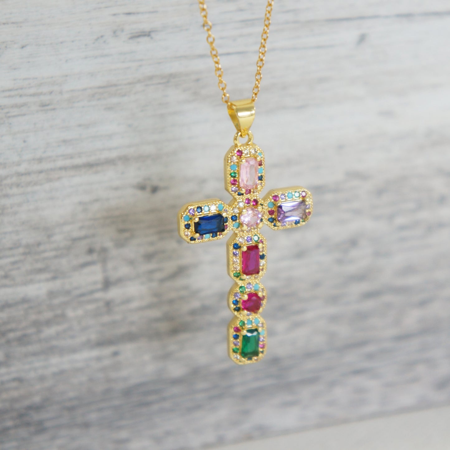 Large Gold Cross, Colorful Multi Crystals