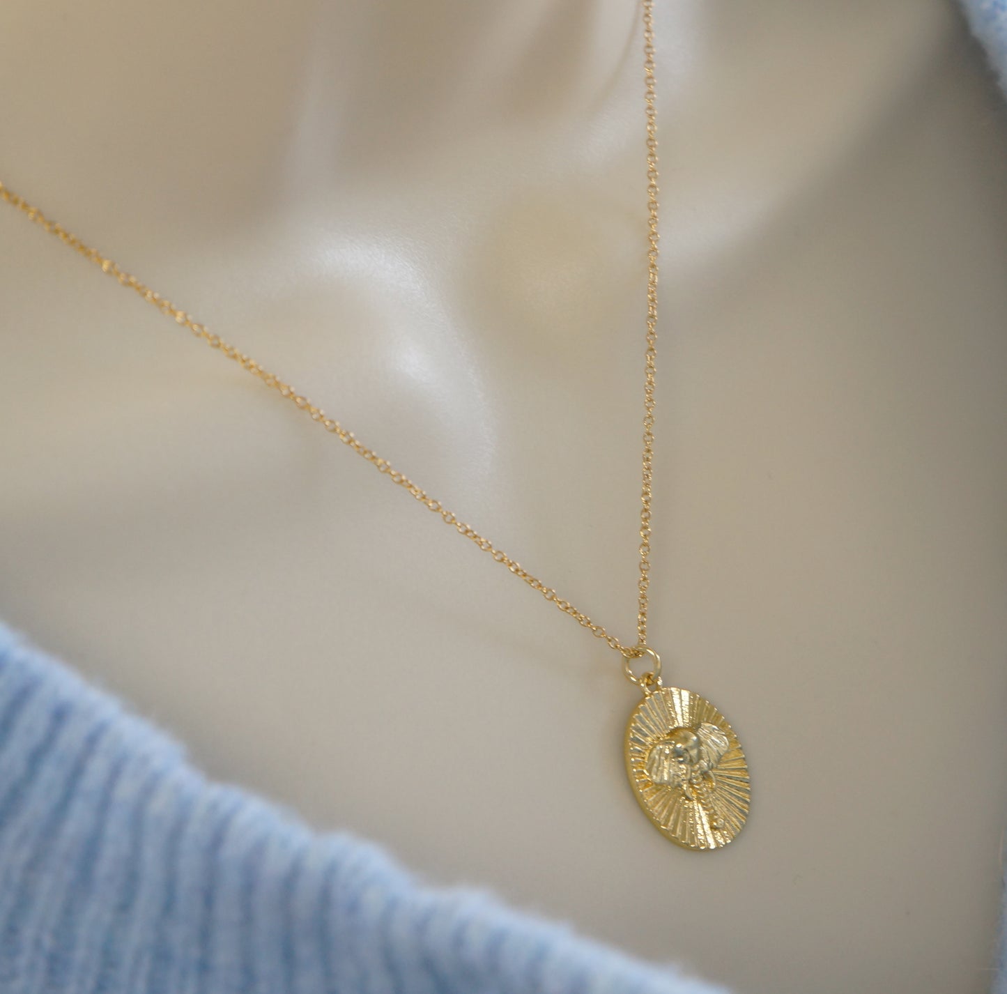 Elephant Face Oval Charm Necklace, Gold Pendant Elephant Necklace