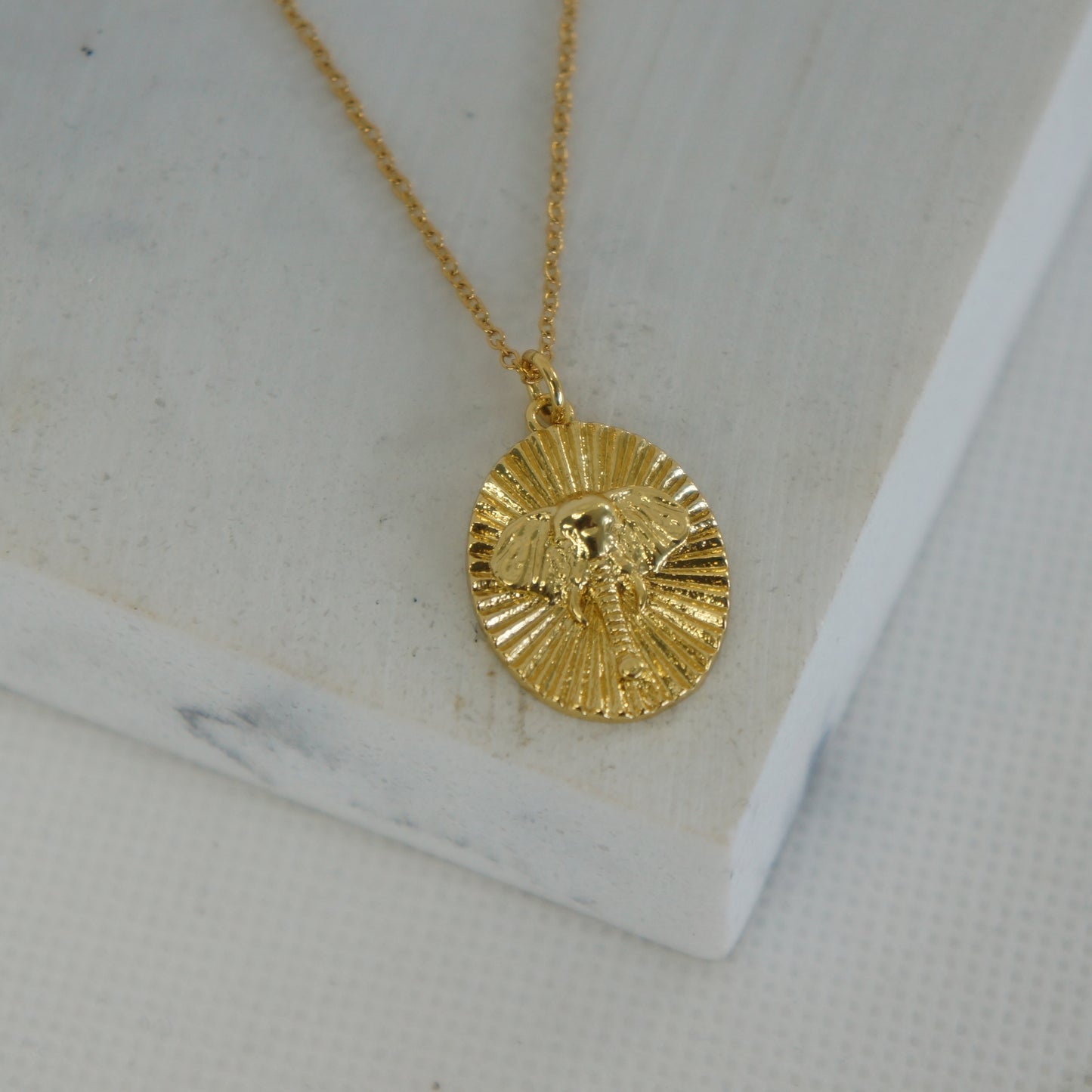 Elephant Face Oval Charm Necklace, Gold Pendant Elephant Necklace