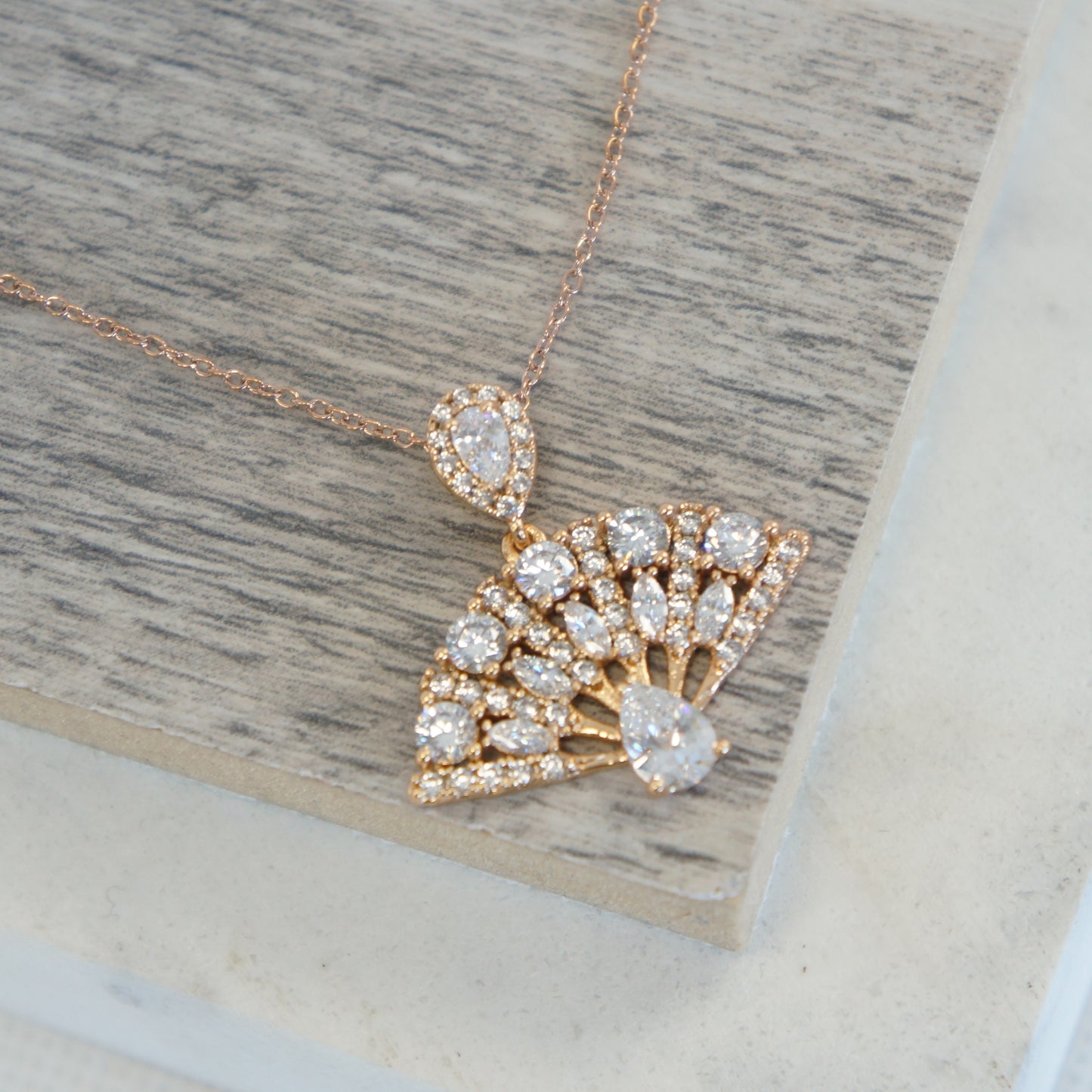 CZ Crystal Pendant Necklace, Folding Fan, Sparkly Pendant, Elegant Necklace