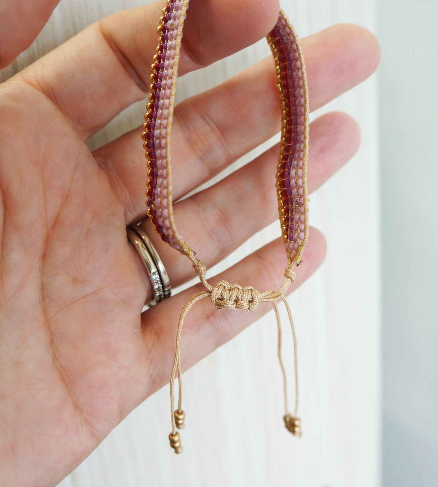 Seed Beaded Boho Bracelet Czech Tiny Beads Handmade Beaded Bracelet Pink Gold Tones Stacking Bracelet