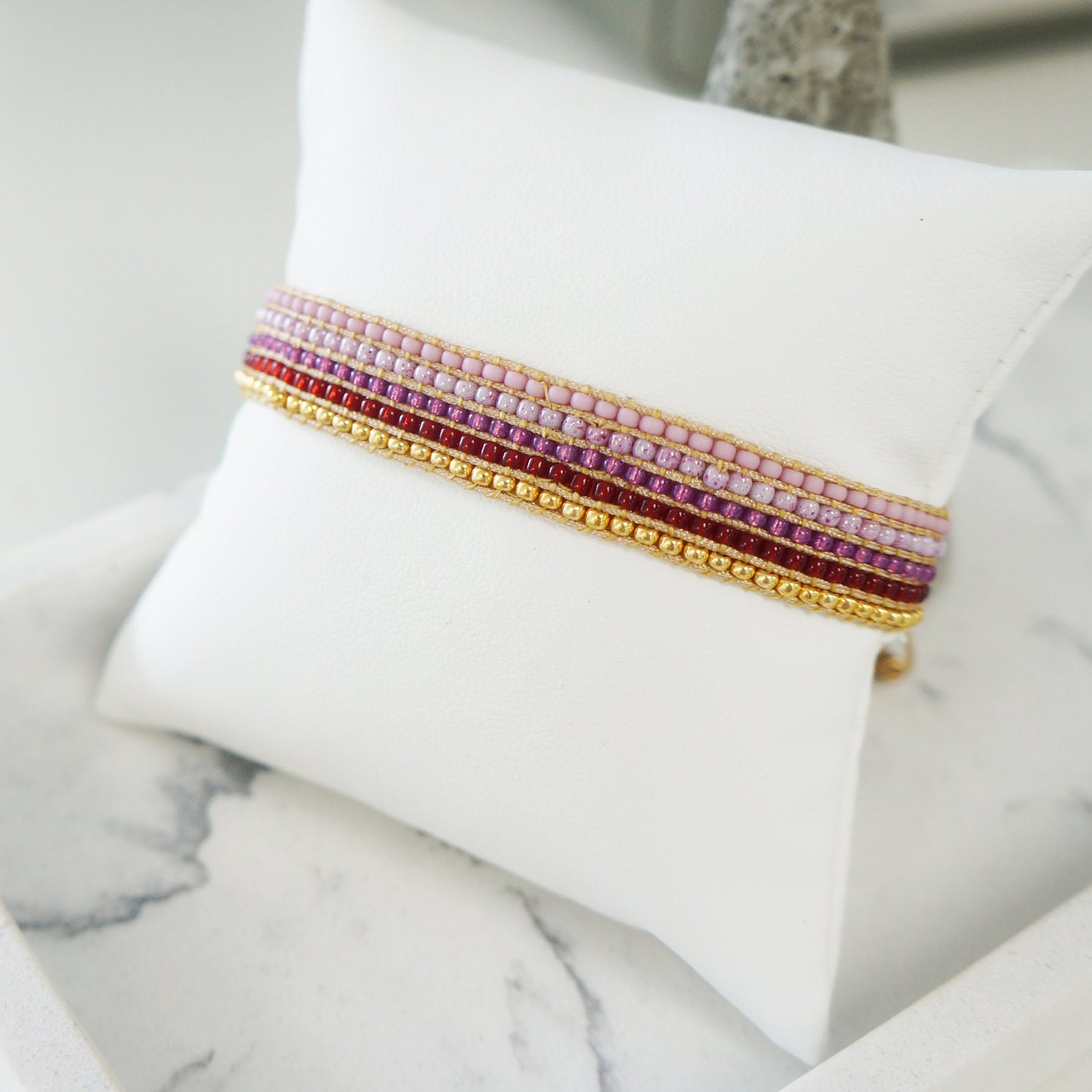 Seed Beaded Boho Bracelet Czech Tiny Beads Handmade Beaded Bracelet Pink Gold Tones Stacking Bracelet