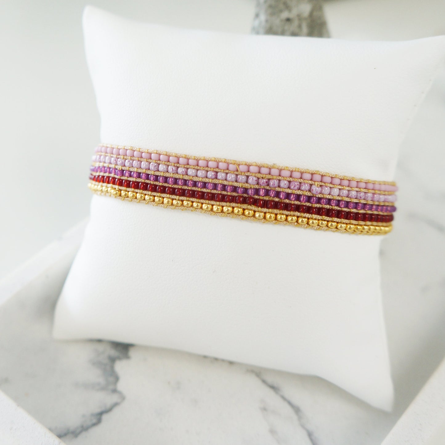 Seed Beaded Boho Bracelet Czech Tiny Beads Handmade Beaded Bracelet Pink Gold Tones Stacking Bracelet