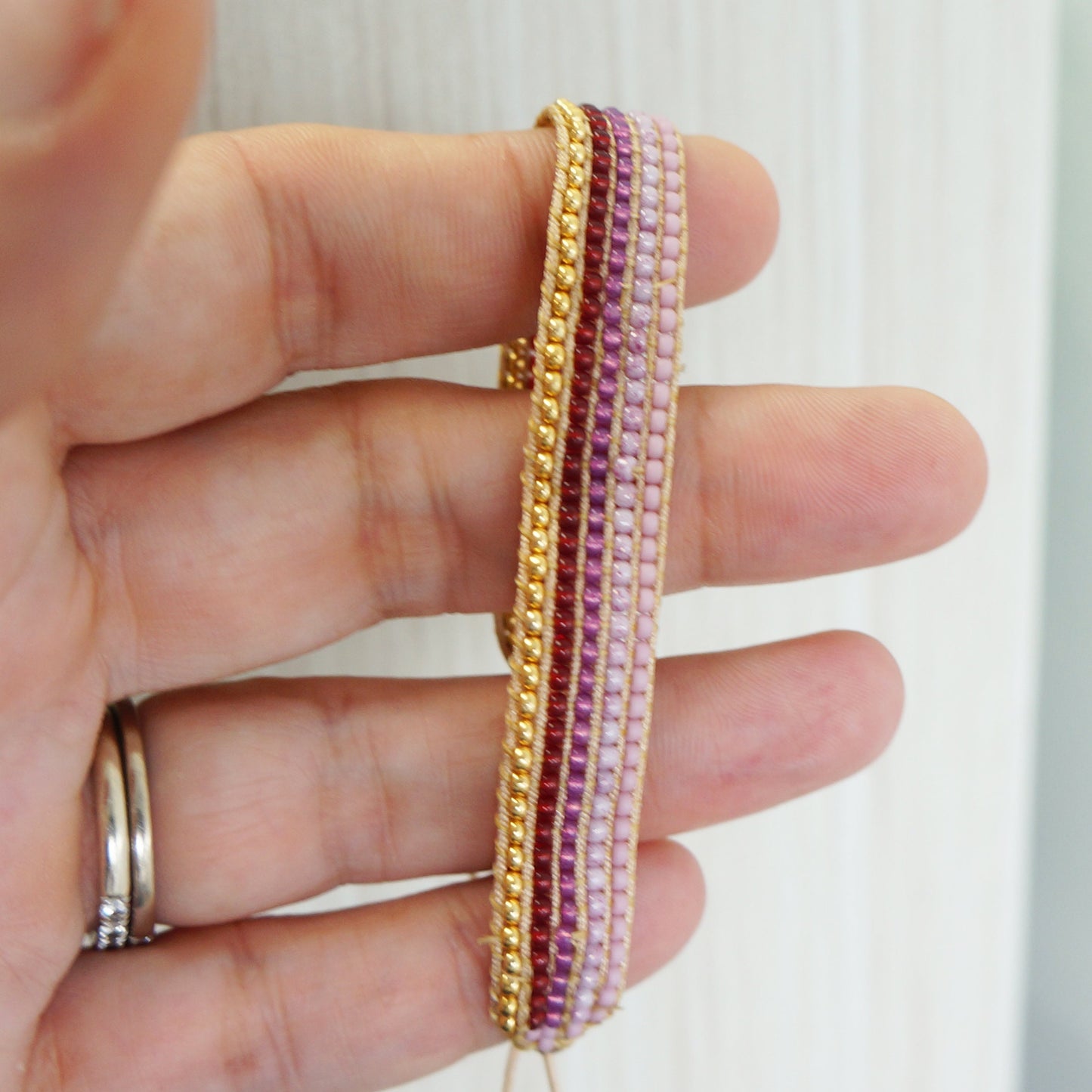 Seed Beaded Boho Bracelet Czech Tiny Beads Handmade Beaded Bracelet Pink Gold Tones Stacking Bracelet