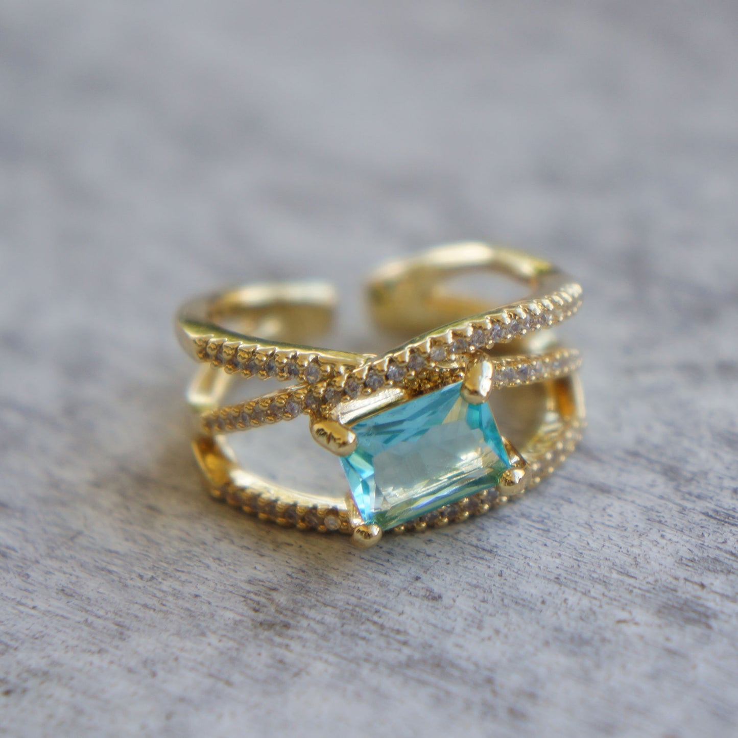 Gold Aquamarine Crystal Cubic Zirconia Ring