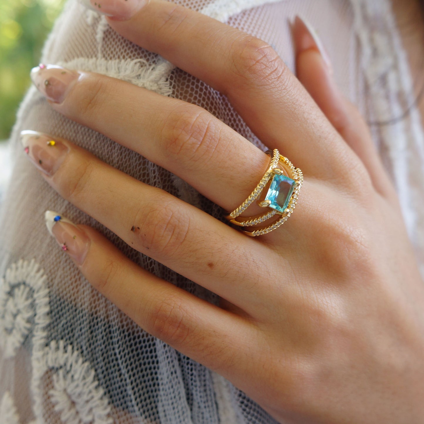Gold Aquamarine Crystal Cubic Zirconia Ring