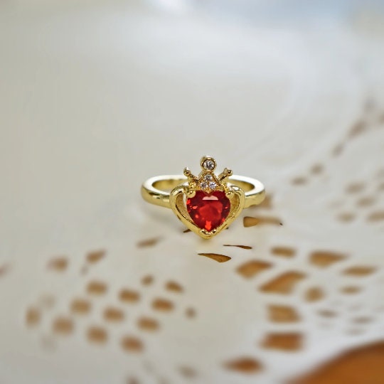 Heart Ring with Crown Detail, Red Heart Ring, Adjustable Band Ring, Love Jewelry, Gift for Her, Love Gift
