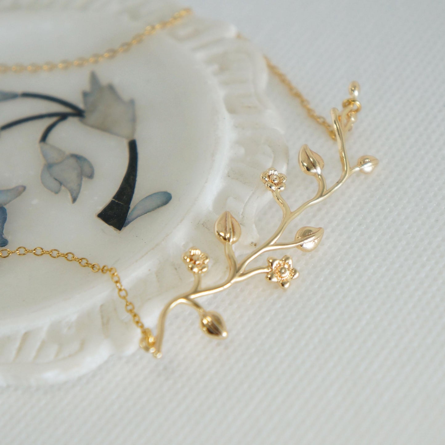 Gold Branch Flower Pendant Necklace, Dainty Filigree Jewelry