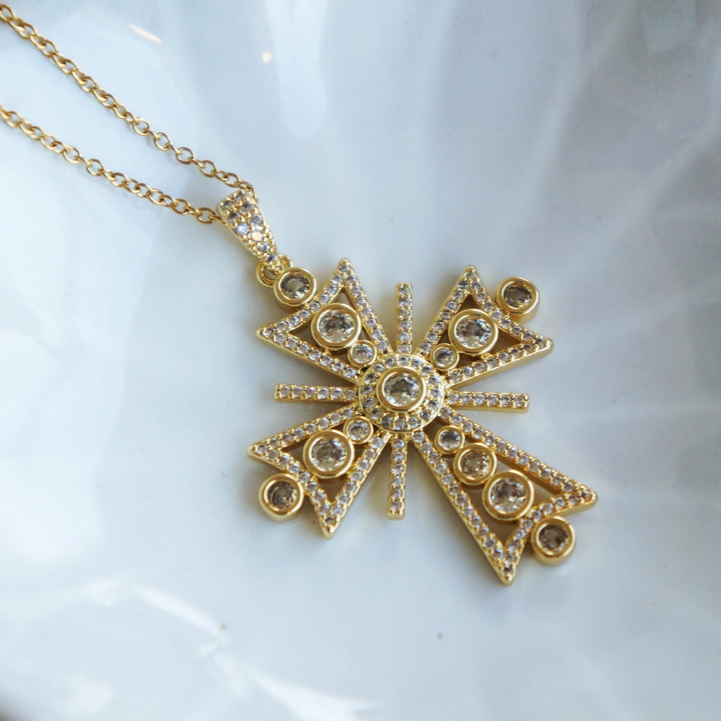 Gold Victorian Style Crystal Cross Necklace