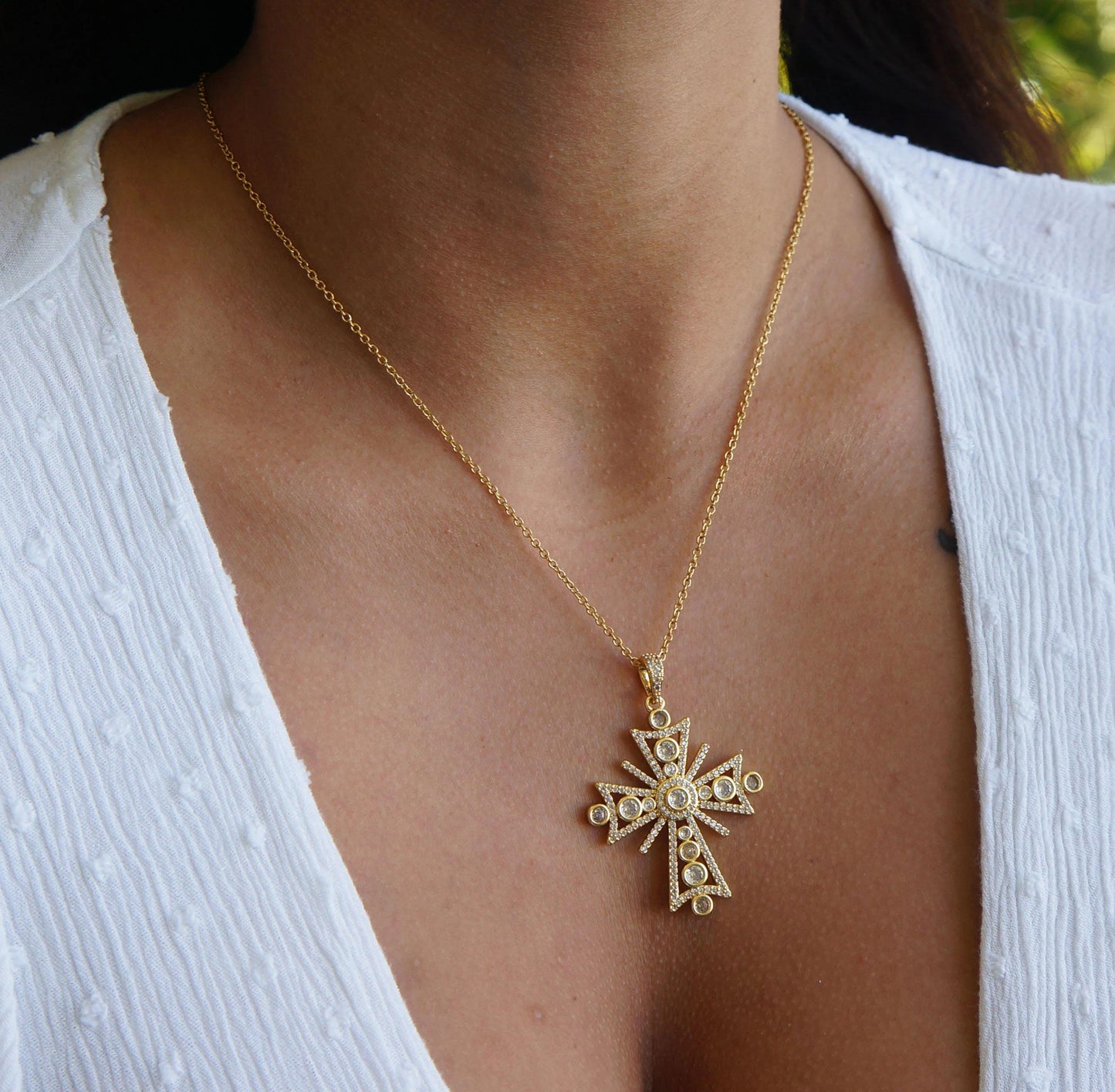 Gold Victorian Style Crystal Cross Necklace