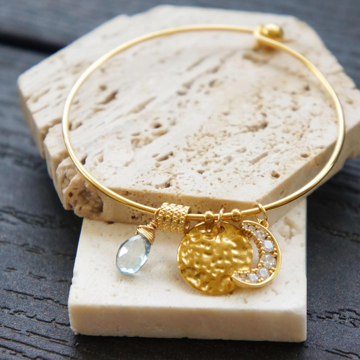 Gold Bangle Bracelet with Sun Moon Quartz Charms