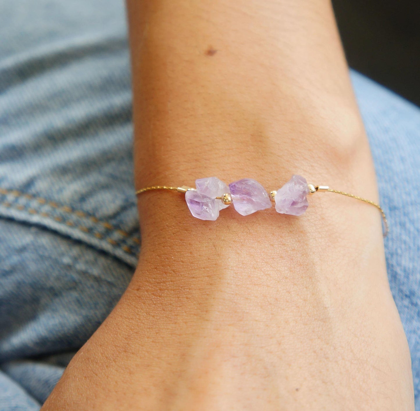 Raw Amethyst Stones Bracelet Soul Protection Natural Semi Precious Stones February Birthstone Bracelet Rough Small Amethysts 14kt Gold Fill