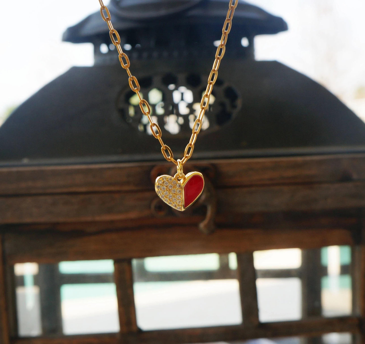 Red Crystal Heart Charm Necklace, Paper Clip Chain, Minimalist Style, Trendy Jewelry, Gift For Her