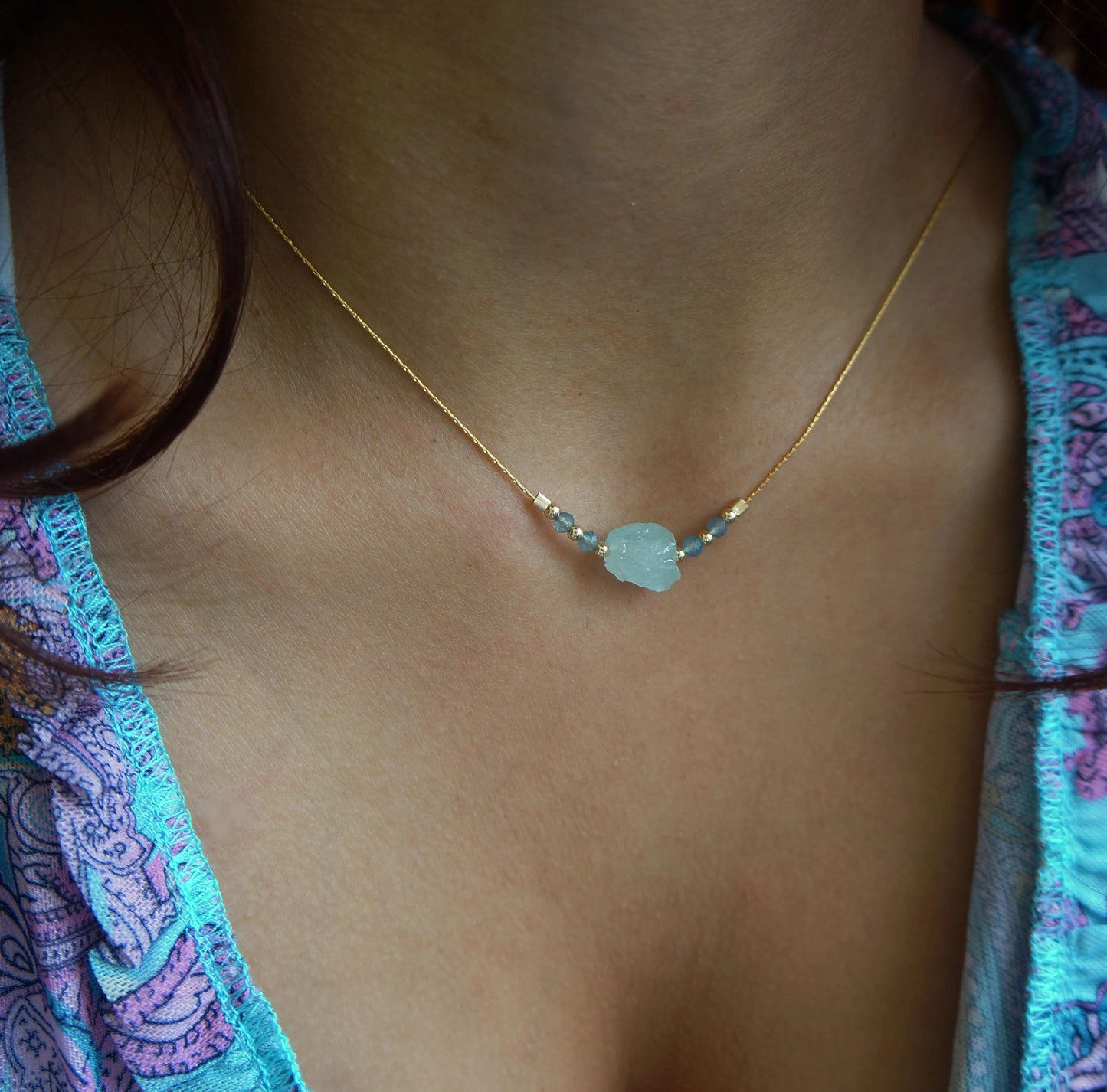 Raw Aquamarine Necklace Natural Aquamarine Stone Gold Necklace March Birthstone Snake Chain