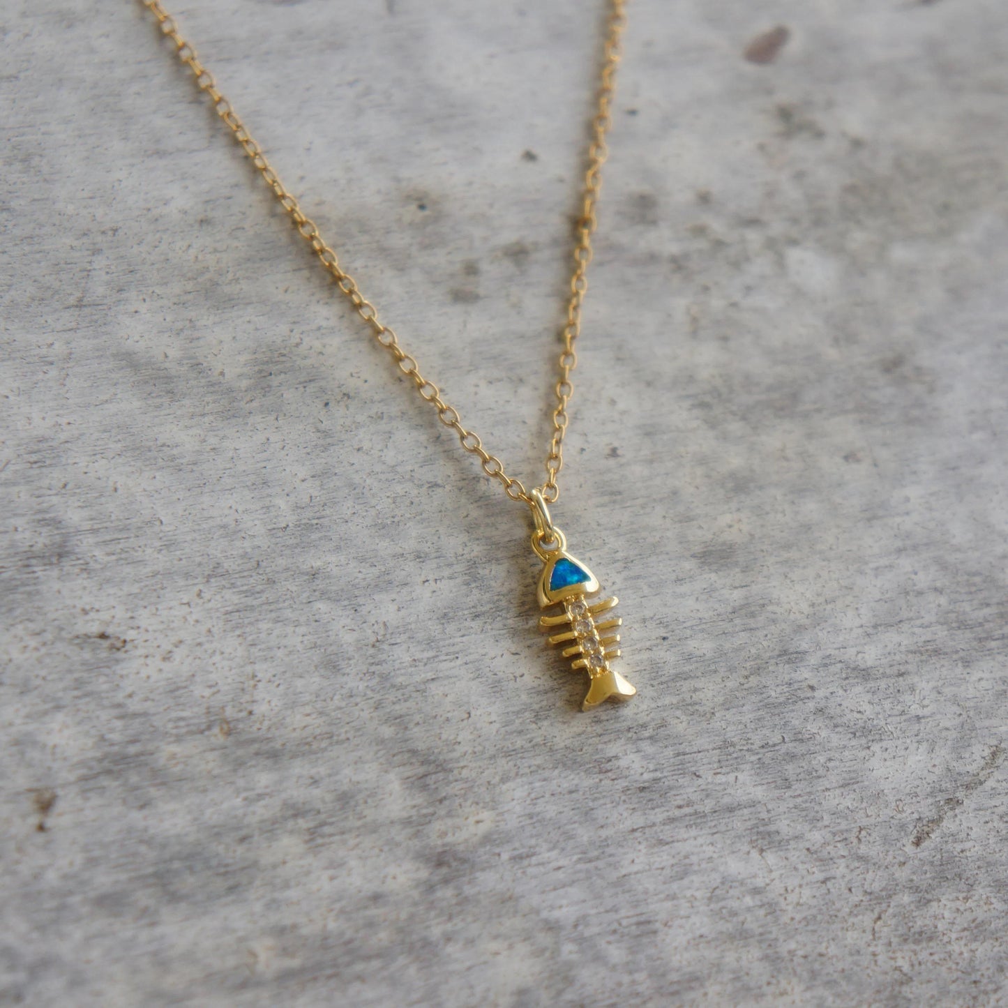 Minimalist Opal Charm Necklace, Gold Tiny Charm Pendant, Marine Jewelry, Dainty Gift for Her, Tiny Opal Fish Bone Necklace, Gold Pendant