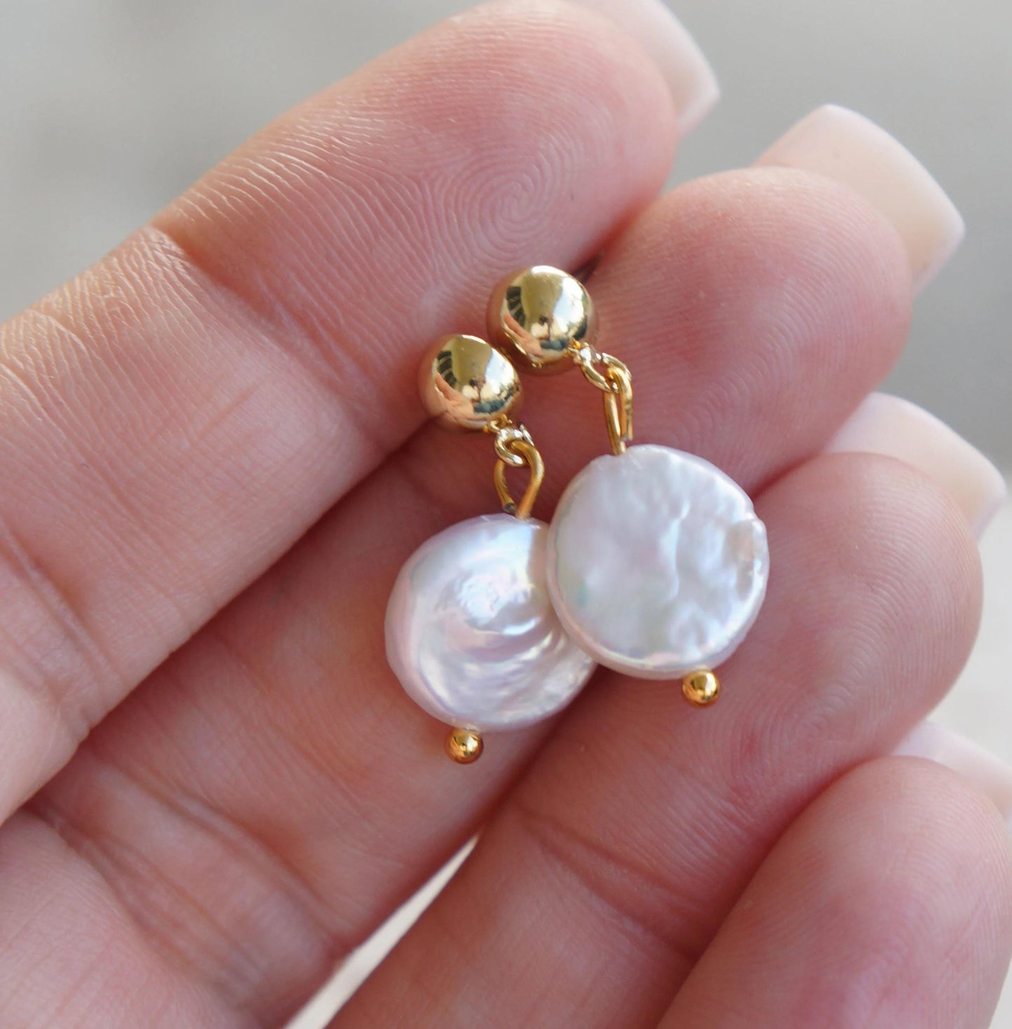 Gold Coin Pearl Dangle Earrings, Freshwater Pearls