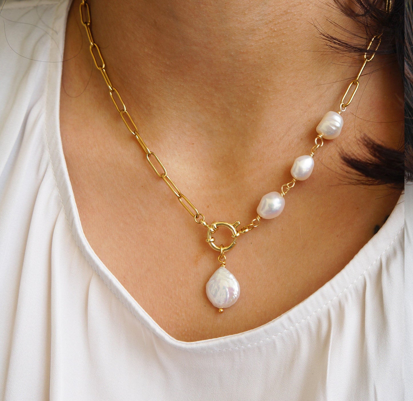 Gold Asymmetrical Coin Pearl Necklace