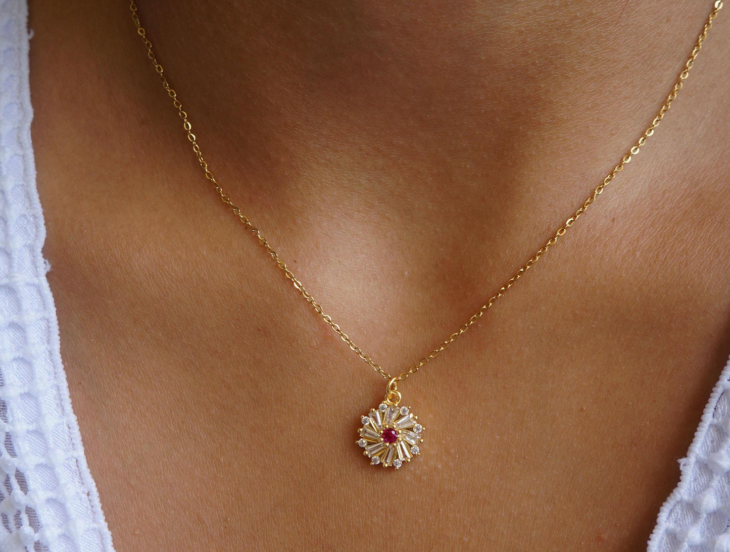 Gold Flower Necklace, CZ Crystal