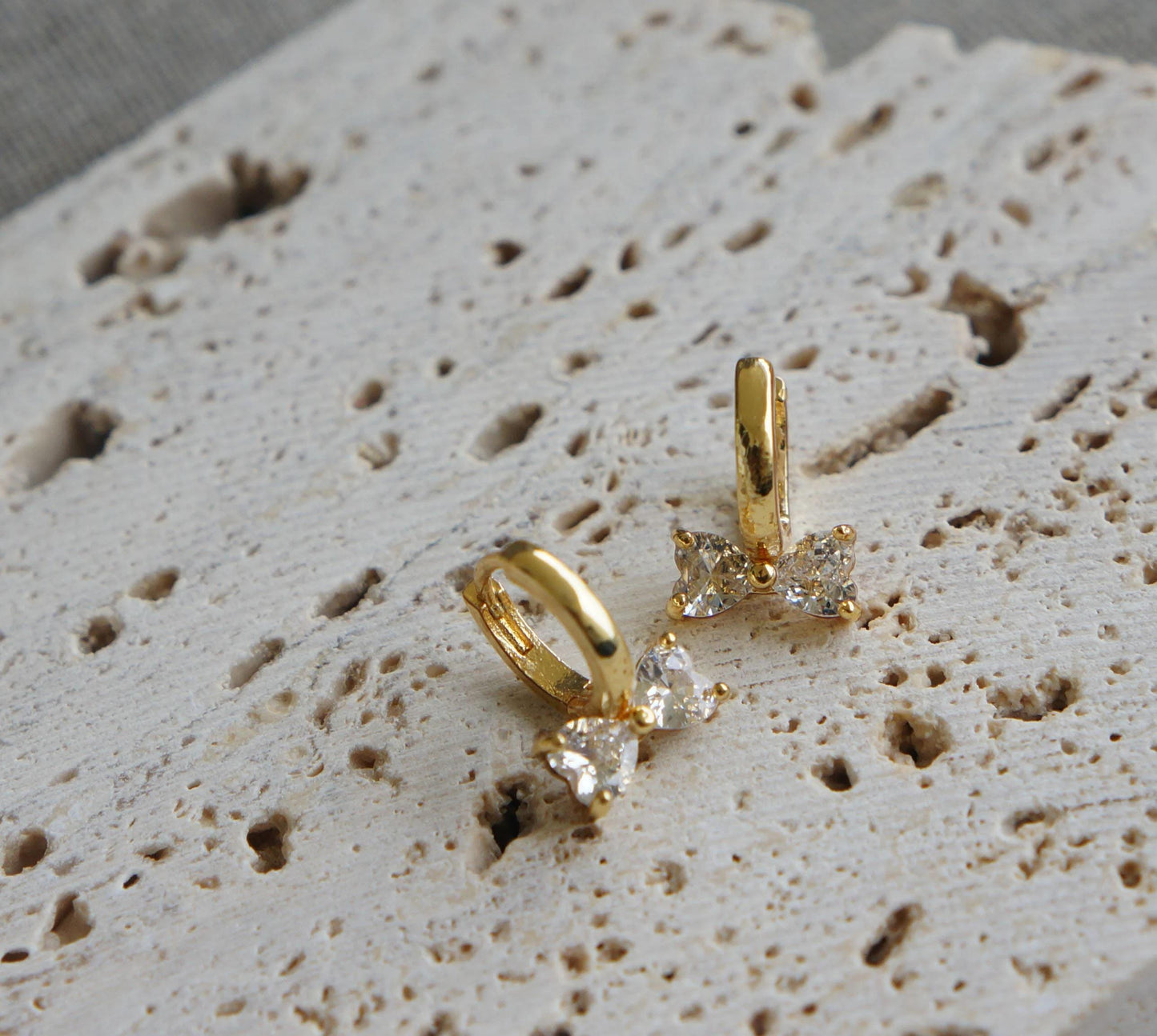 Small Gold Bow CZ Earrings, Tiny Hoops, Cute Huggie Style, Bow Ear Huggies, Dainty Earrings Gift