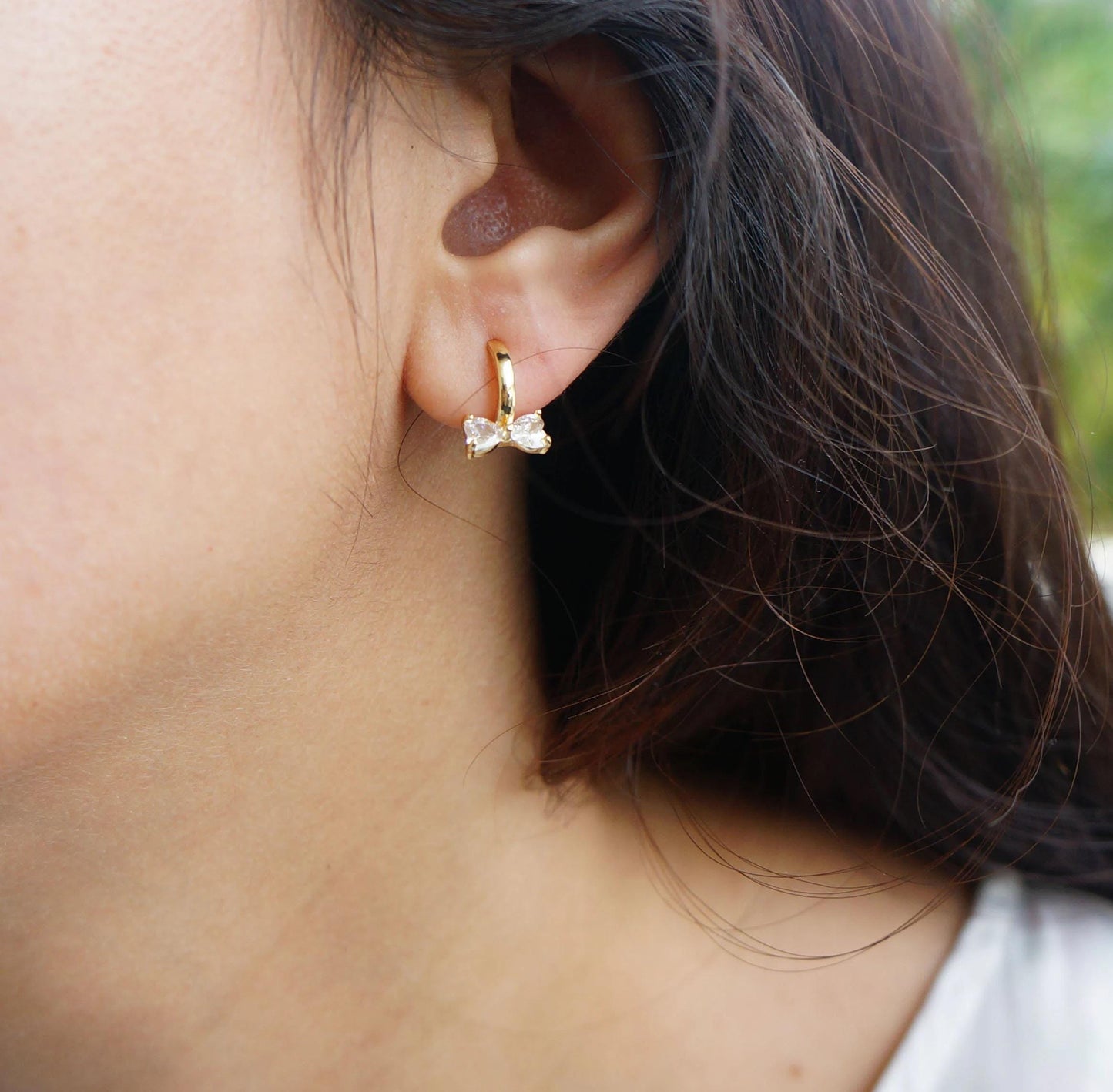 Small Gold Bow CZ Earrings, Tiny Hoops, Cute Huggie Style, Bow Ear Huggies, Dainty Earrings Gift