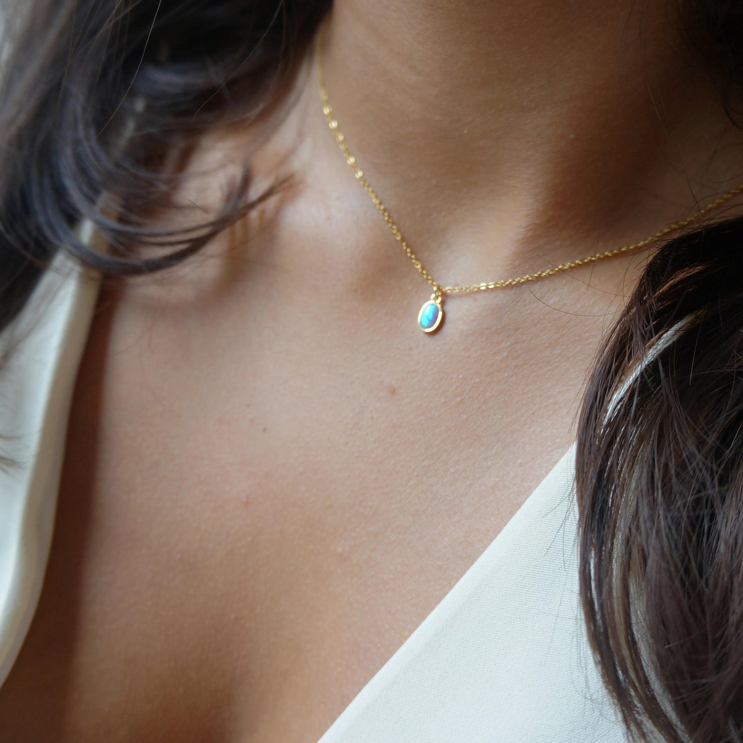 Tiny Blue Opal Necklace Charm Necklace Minimalist Necklace Layering Necklace Gift Simple Dainty Gold Necklace for Women Tiny Necklace Choker