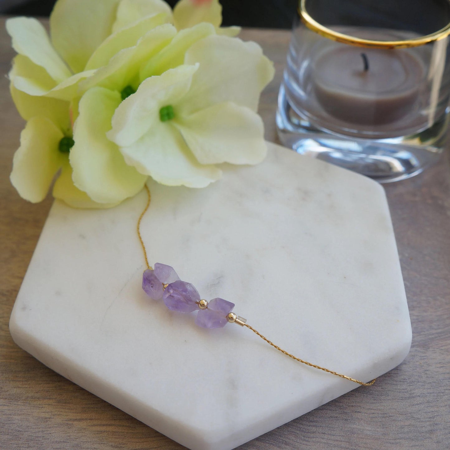 Raw Amethyst Stones Bracelet Soul Protection Natural Semi Precious Stones February Birthstone Bracelet Rough Small Amethysts 14kt Gold Fill