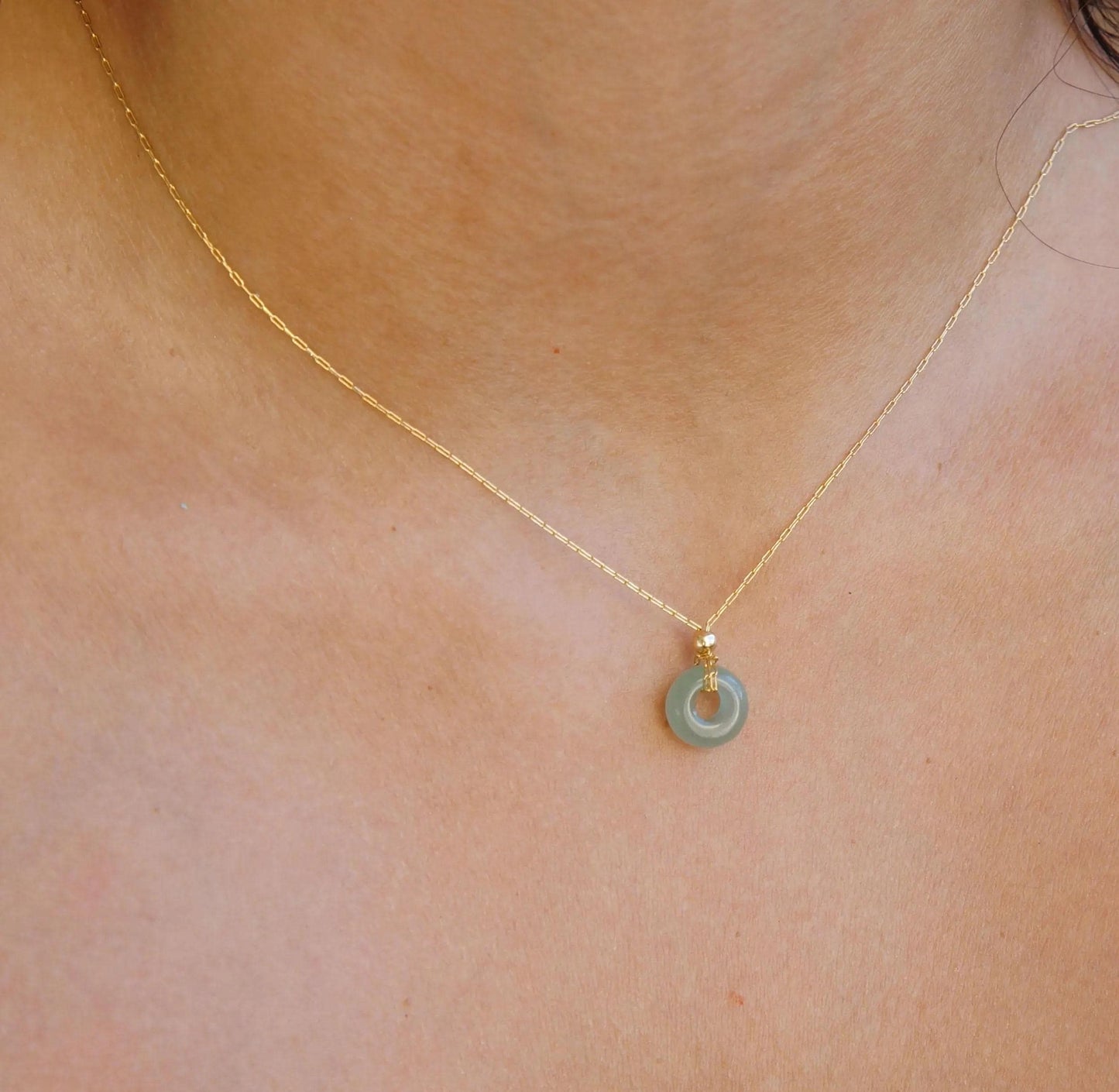 Jade Donut Pendant Necklace, Thread Gold Chain, Natural Stone