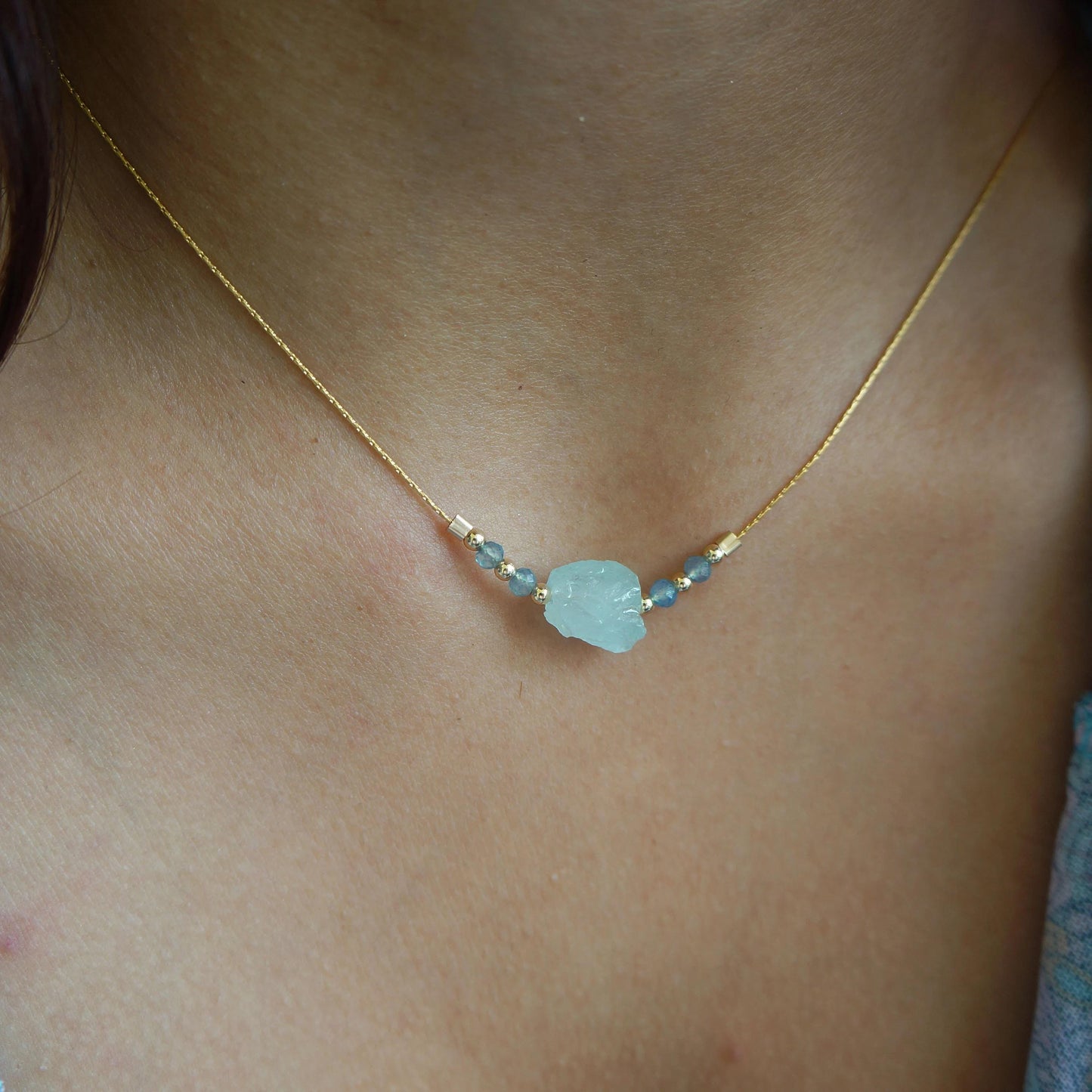 Raw Aquamarine Necklace Natural Aquamarine Stone Gold Necklace March Birthstone Snake Chain