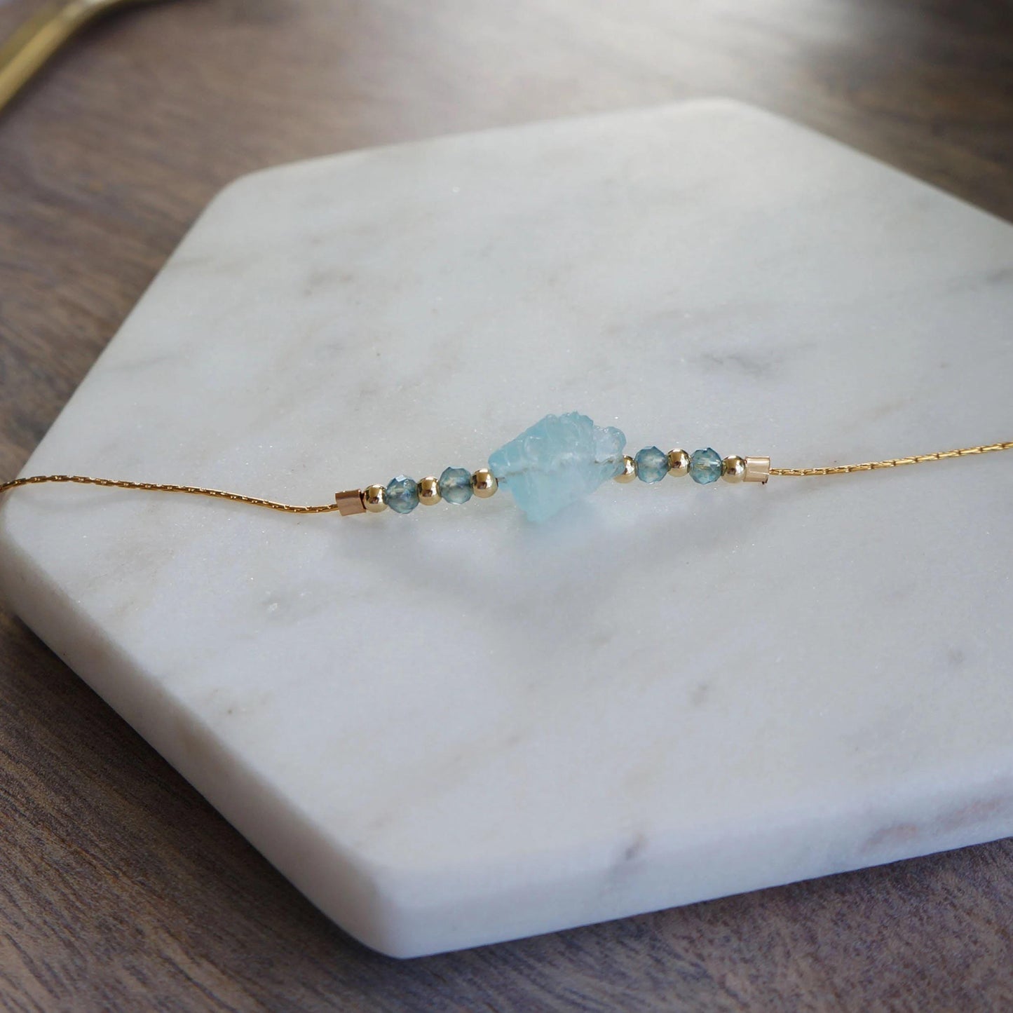 Raw Aquamarine Necklace Natural Aquamarine Stone Gold Necklace March Birthstone Snake Chain