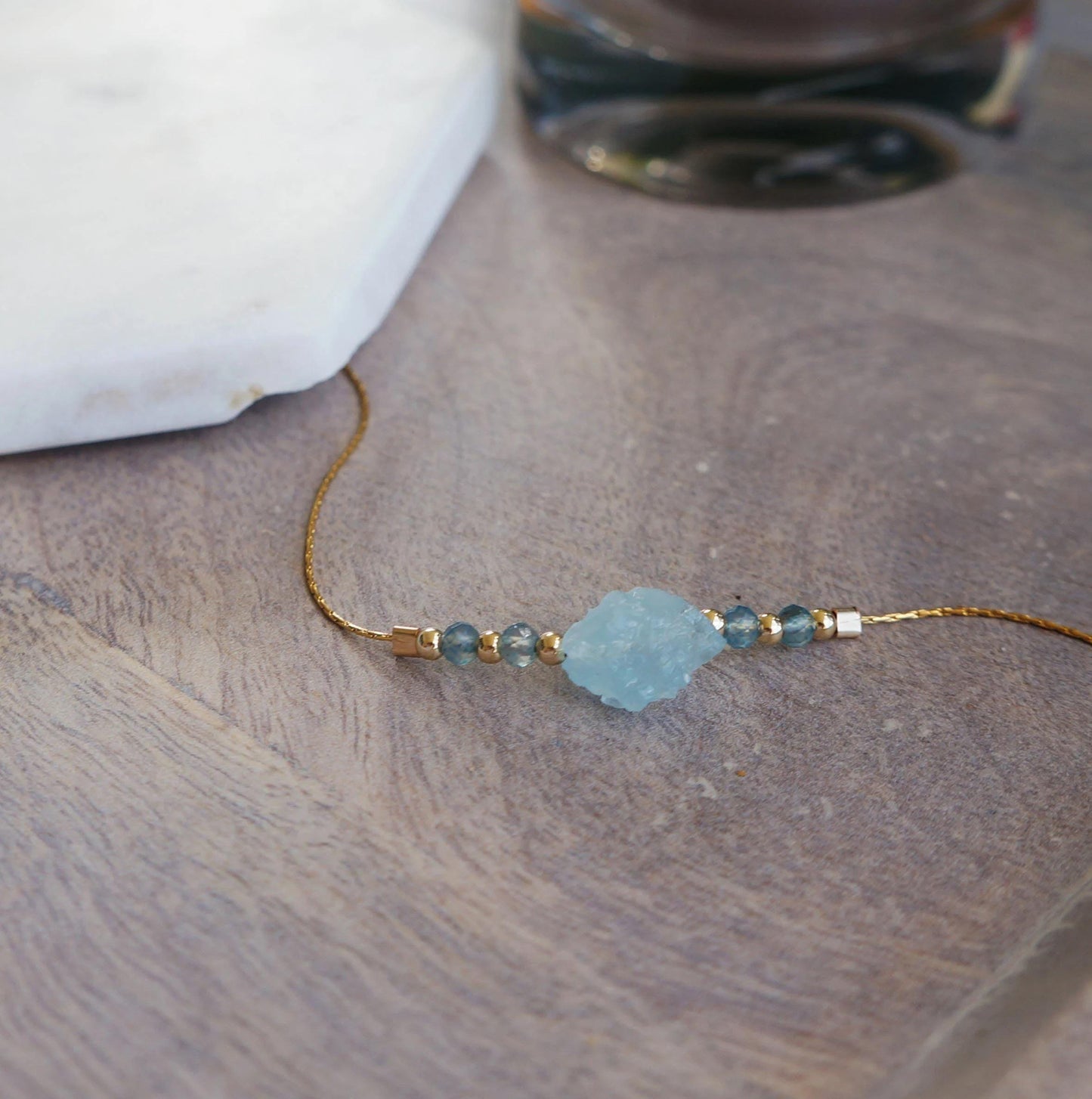 Raw Aquamarine Necklace Natural Aquamarine Stone Gold Necklace March Birthstone Snake Chain