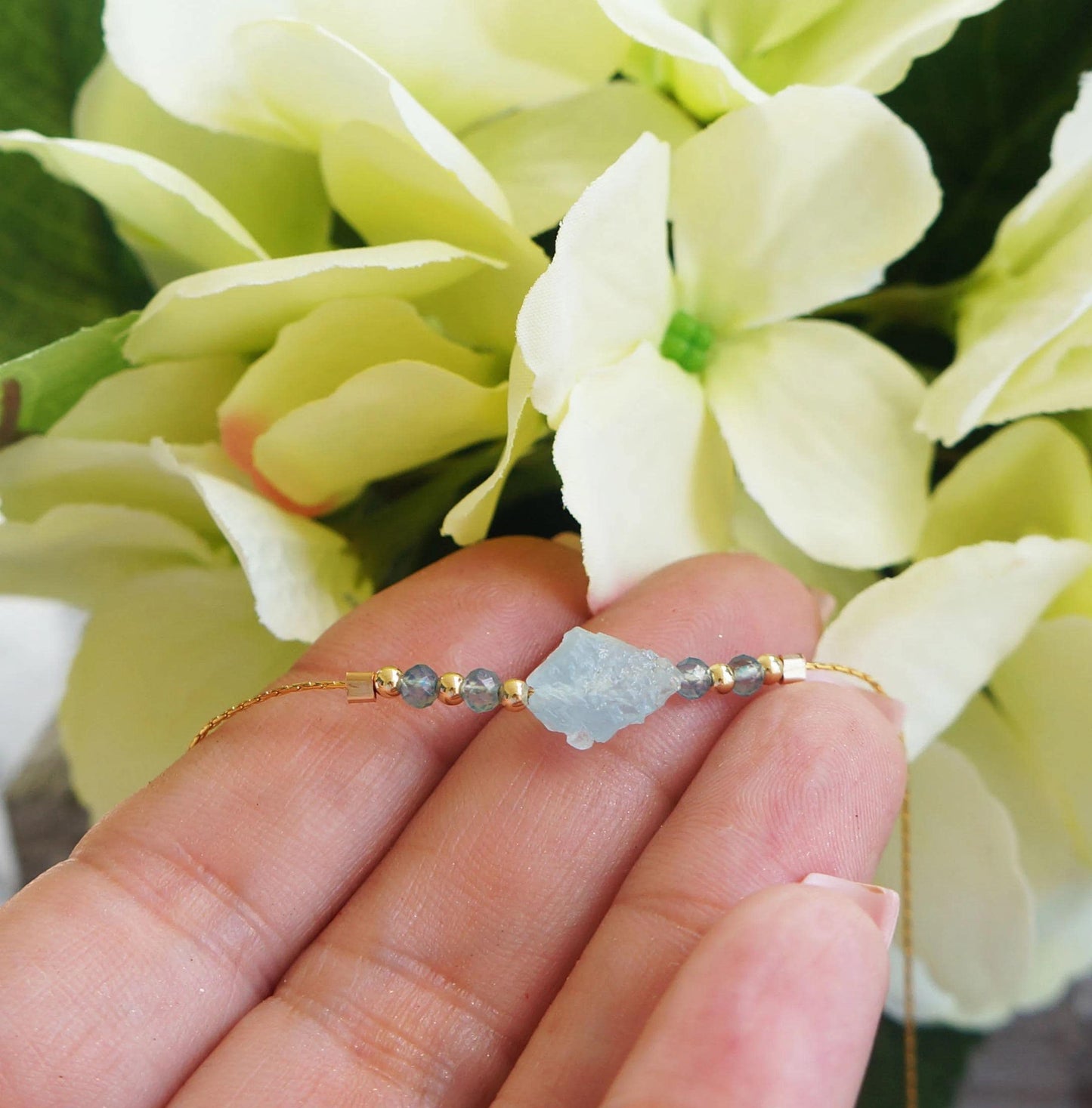 Raw Aquamarine Necklace Natural Aquamarine Stone Gold Necklace March Birthstone Snake Chain