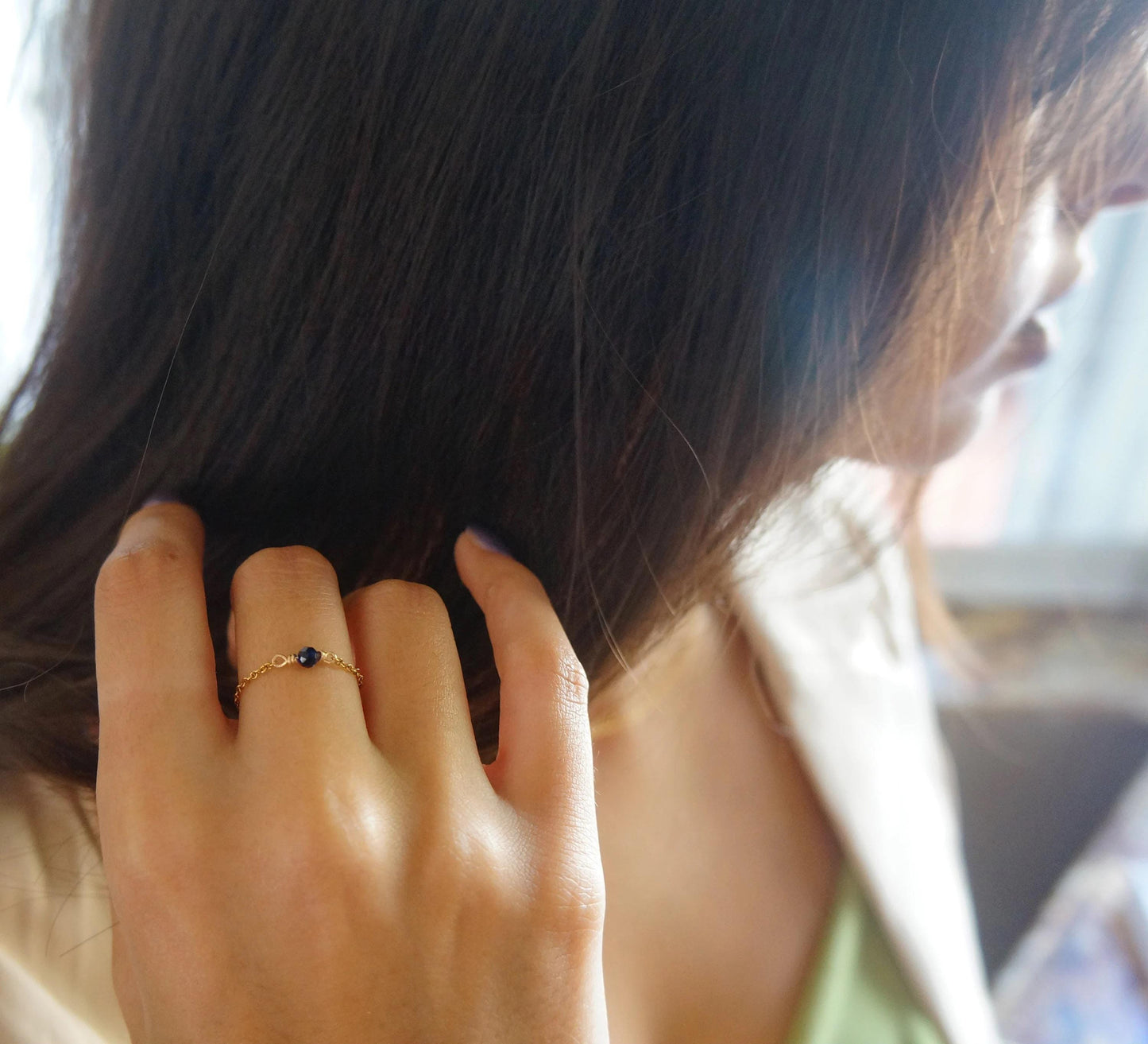 Tiny Gemstone Chain 14kt Ring Ultra Dainty Stacking Rings Black Tourmaline Sapphire Morganite Chain Ring Natural Gemstones Tiny Gold Ring