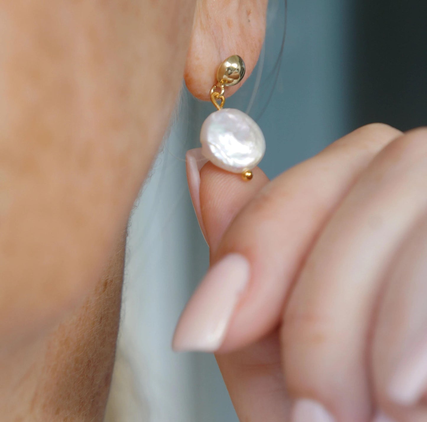 Gold Coin Pearl Dangle Earrings, Freshwater Pearls