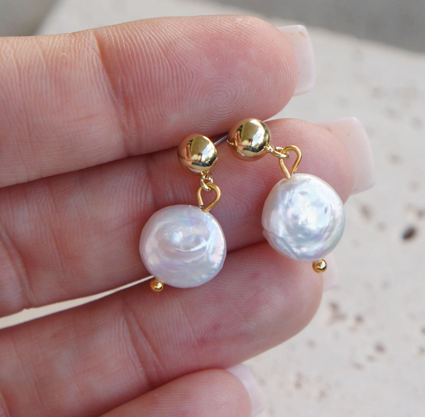 Gold Coin Pearl Dangle Earrings, Freshwater Pearls