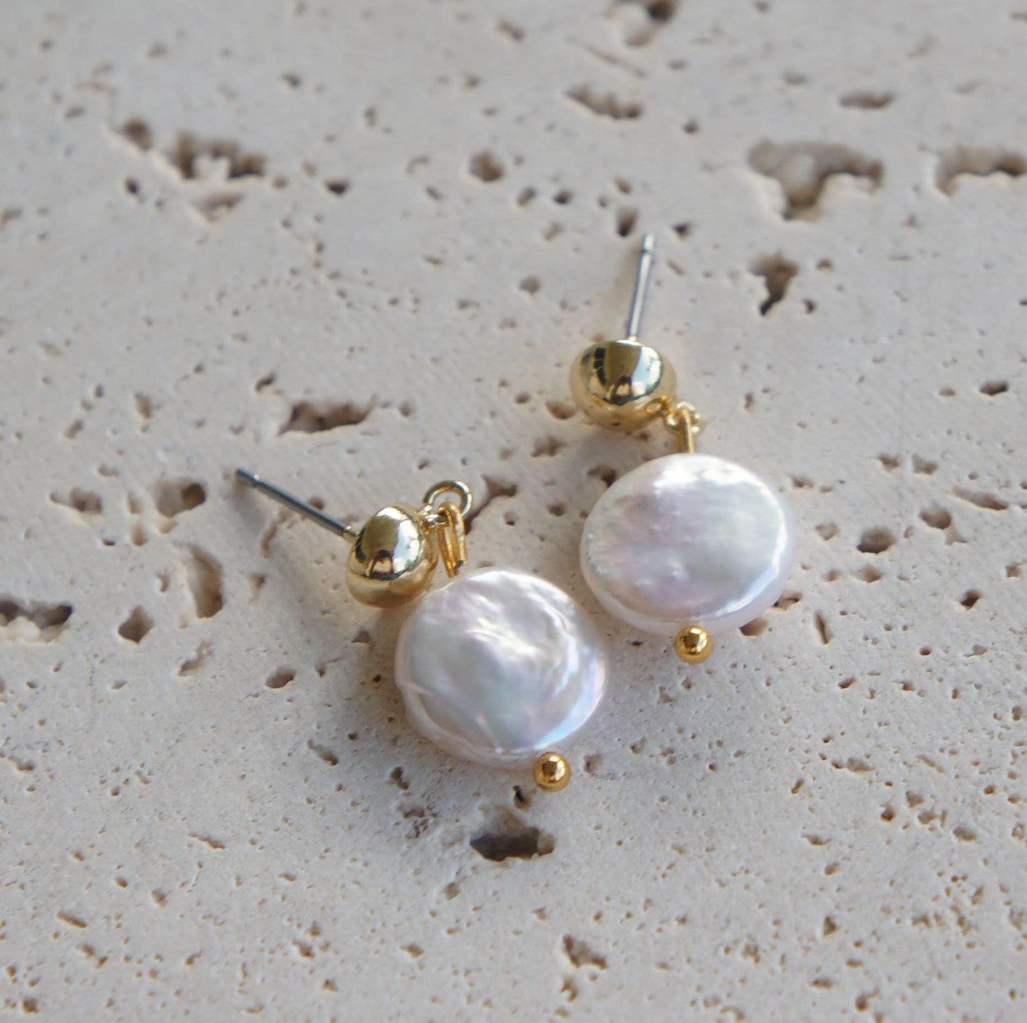 Gold Coin Pearl Dangle Earrings, Freshwater Pearls