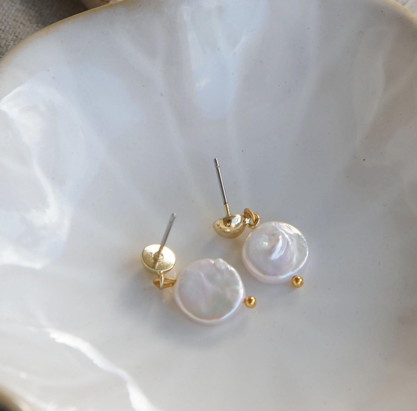 Gold Coin Pearl Dangle Earrings, Freshwater Pearls