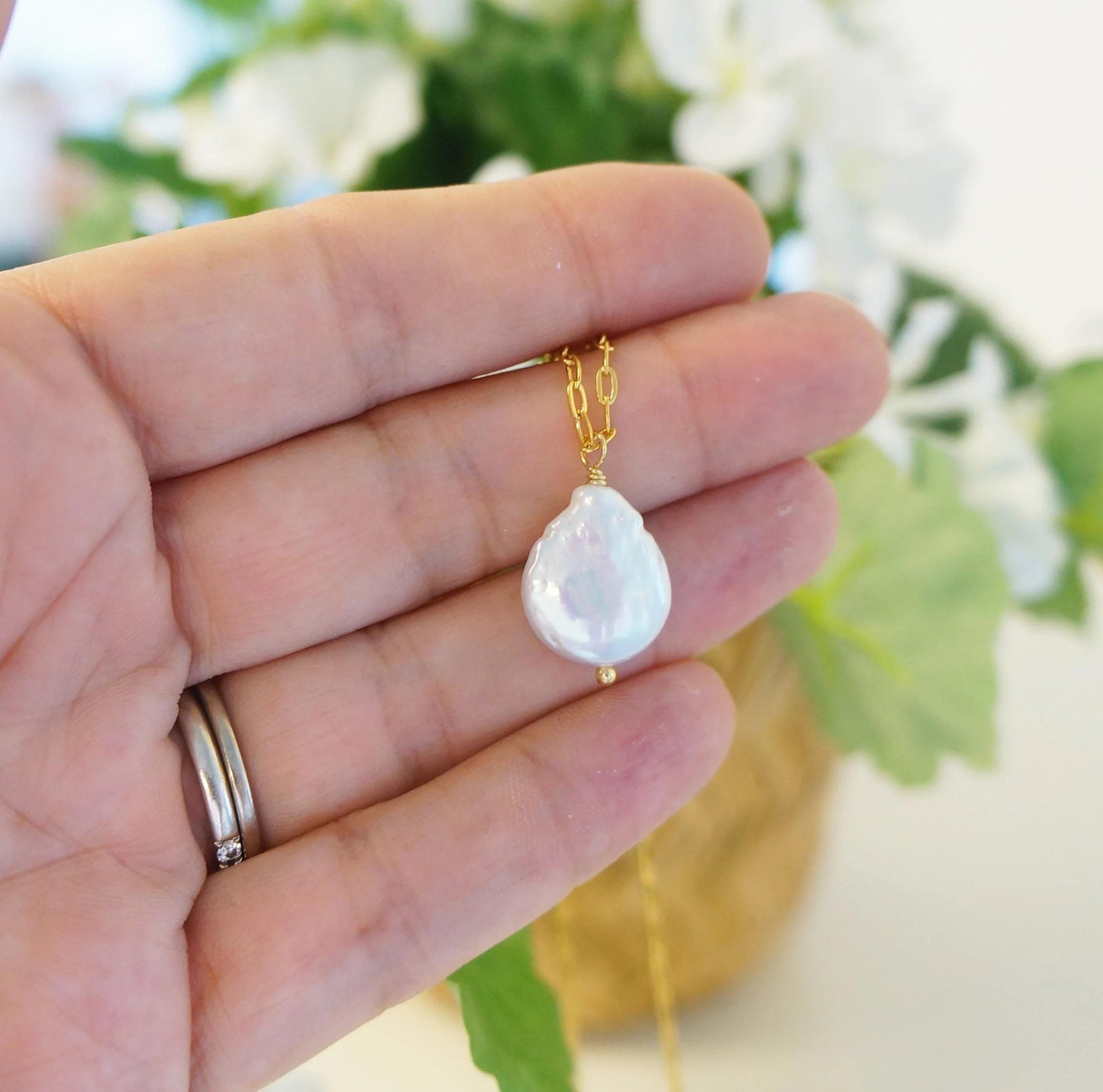 Stunning White Coin Pearl Necklace Paper Clip 14Kt Gold Plated Chain June Birthstone Bridesmaid Necklace Delicate Pearl Necklace for Woman