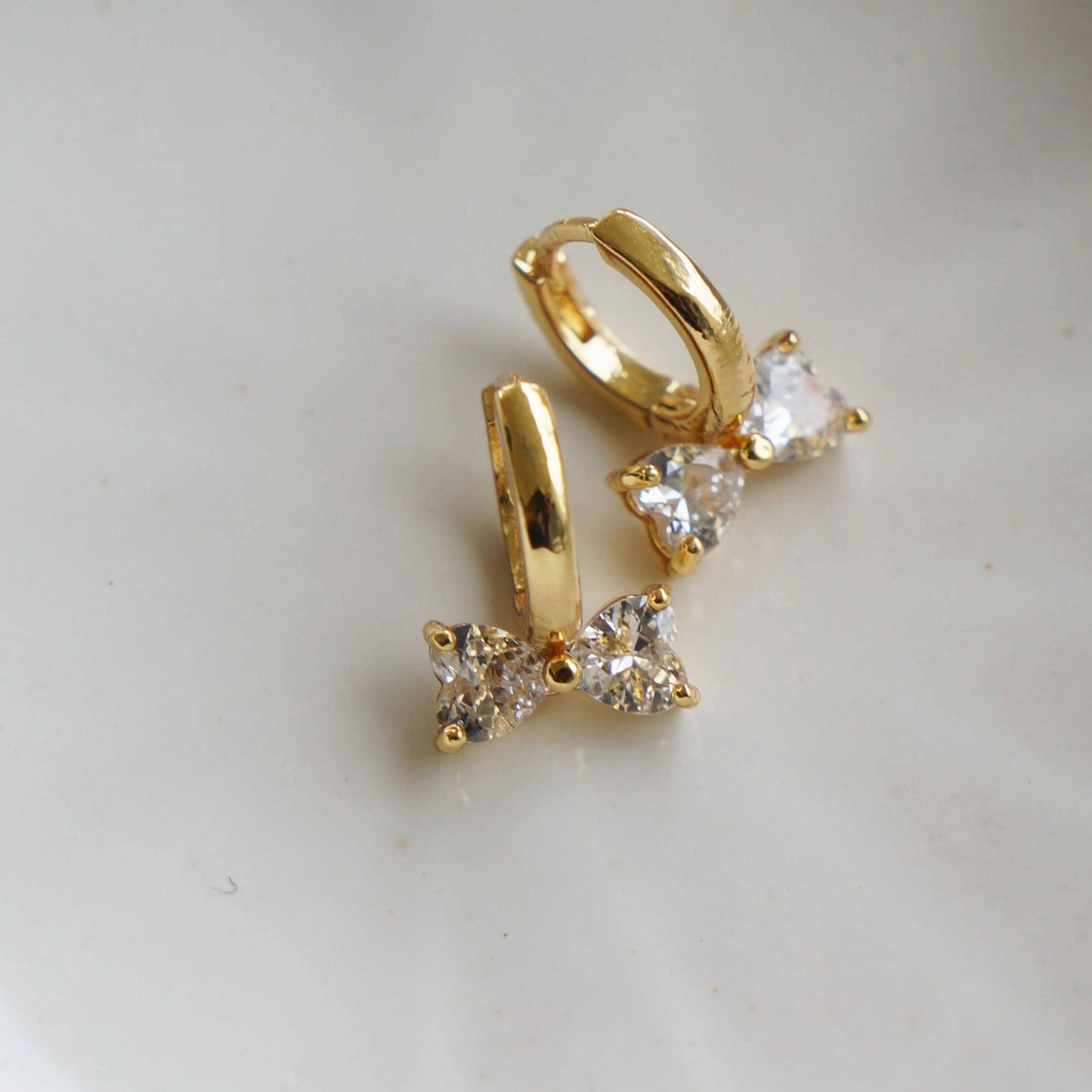 Small Gold Bow CZ Earrings, Tiny Hoops, Cute Huggie Style, Bow Ear Huggies, Dainty Earrings Gift