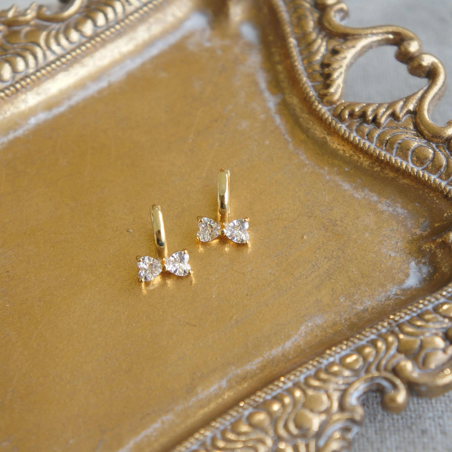 Small Gold Bow CZ Earrings, Tiny Hoops, Cute Huggie Style, Bow Ear Huggies, Dainty Earrings Gift