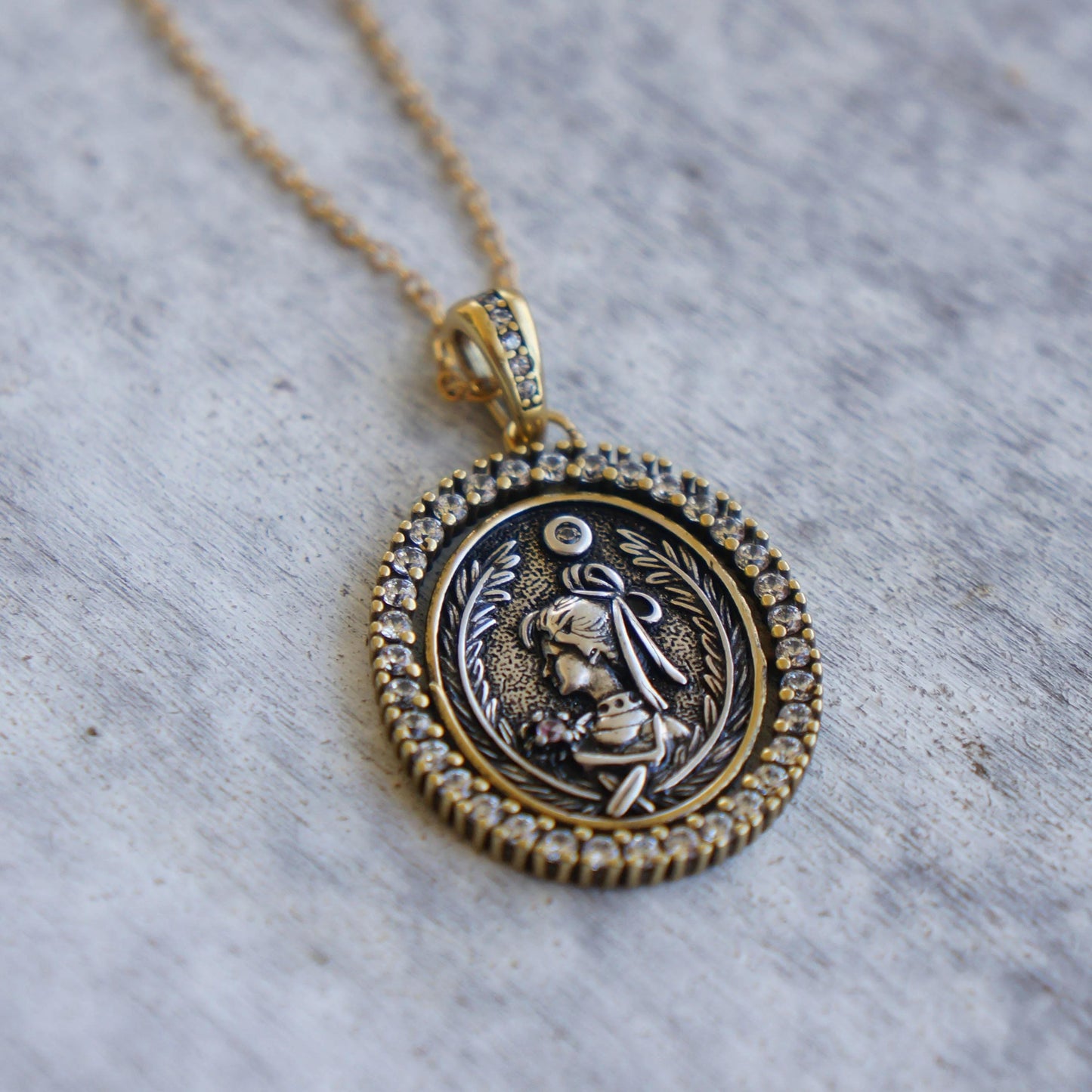 Antique Style Coin Medal Necklace Gift for Mom Vintage Coin Necklace Antique Gold Charm with CZ Tiny Crystals Unique Bronze Charm Necklace