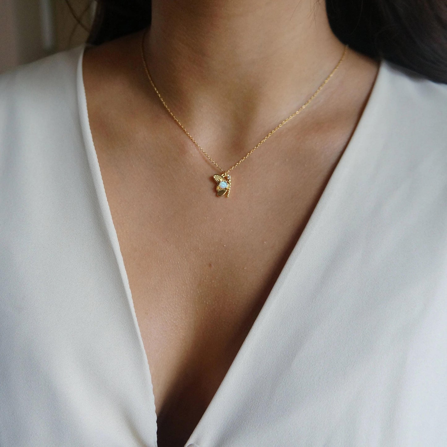 Gold Opal Butterfly Necklace Wing Charm, October Birthstone Jewelry Gift, Delicate Dainty Pendant, Gift for Her, Layered Dainty Necklace