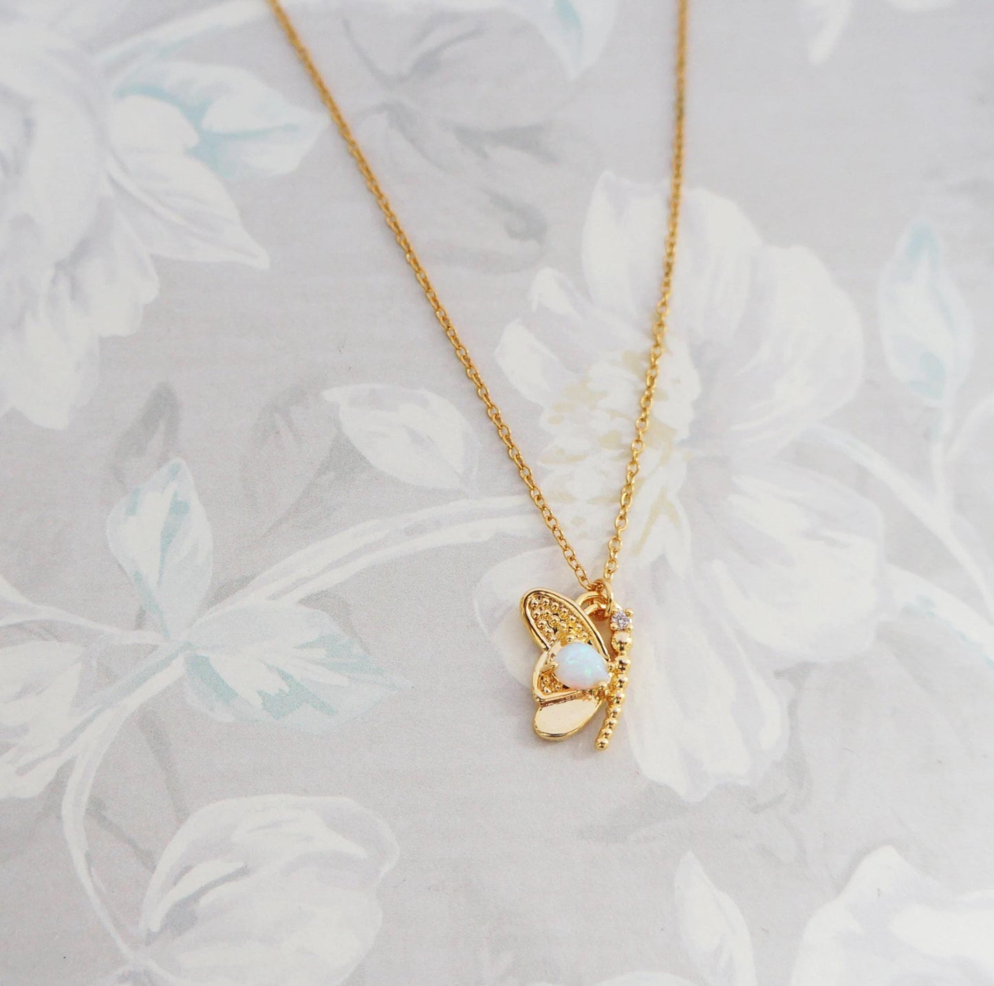 Gold Opal Butterfly Necklace Wing Charm, October Birthstone Jewelry Gift, Delicate Dainty Pendant, Gift for Her, Layered Dainty Necklace