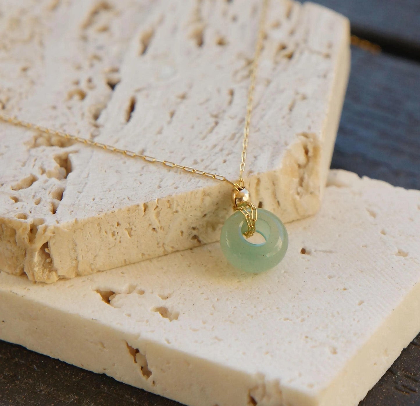 Jade Donut Pendant Necklace, Thread Gold Chain, Natural Stone