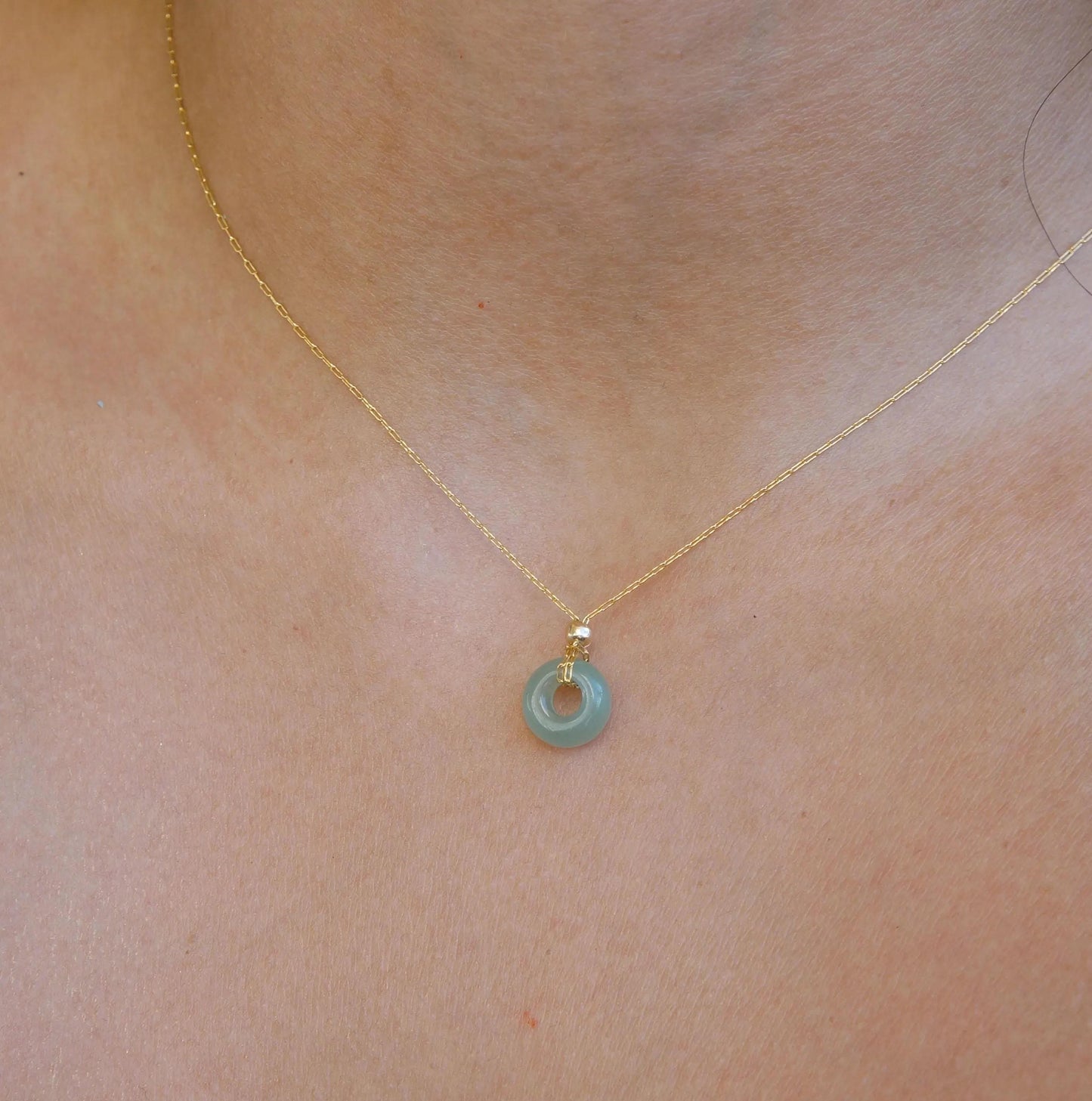 Jade Donut Pendant Necklace, Thread Gold Chain, Natural Stone