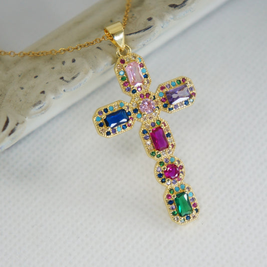 Large Gold Cross, Colorful Multi Crystals
